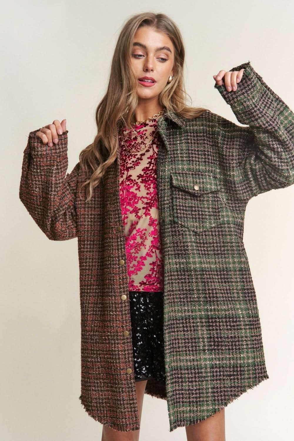 Trendsi Tweed Plaid Shacket Women&amp;#39;s Everyday Layering Longline Jacket - Soft, USA Ship