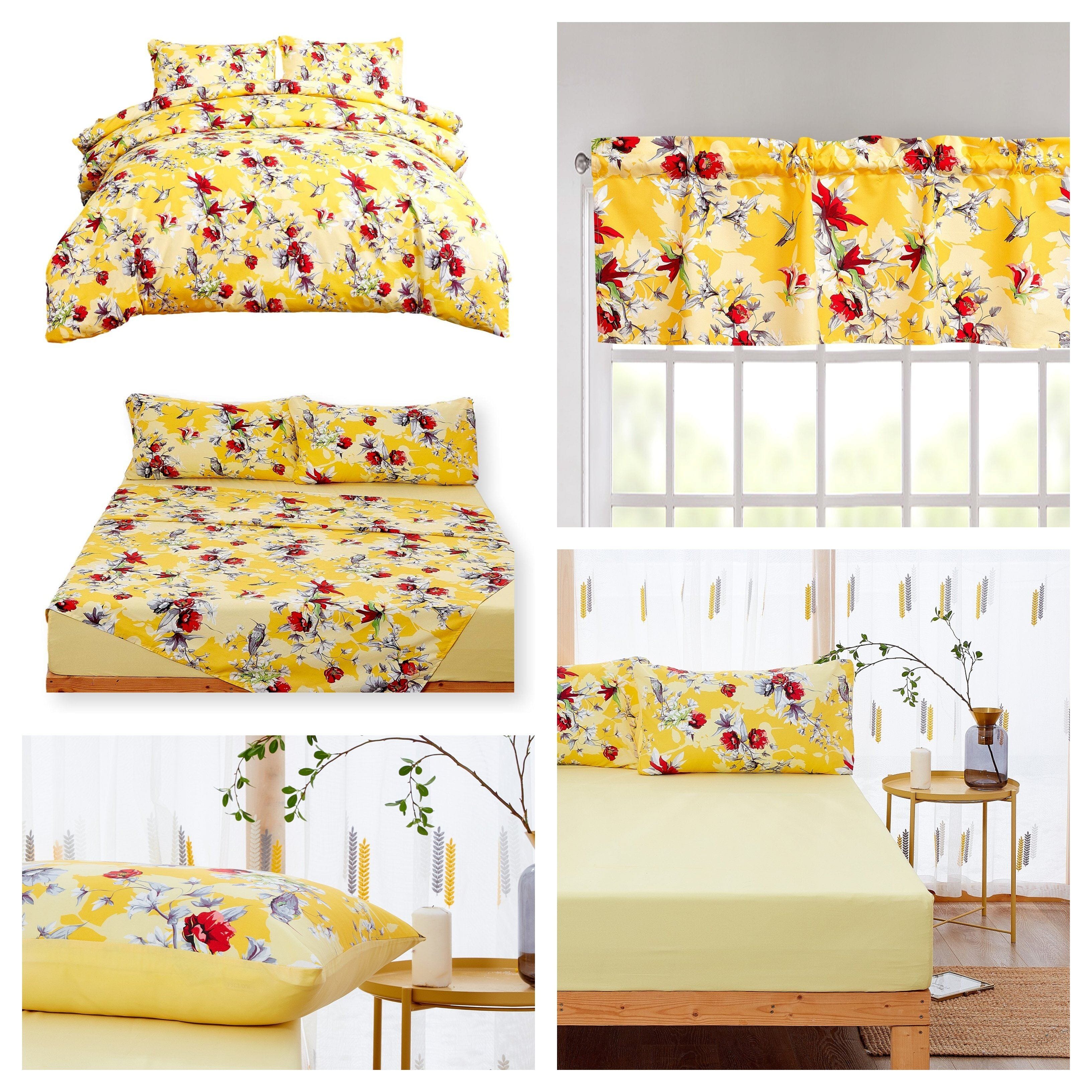 DaDa Bedding Sunshine Yellow Hummingbirds Floral Duvet Cover &amp;amp; Fitted Flat Bed Sheets Set w/ Pillow Cases Window Valances (925)