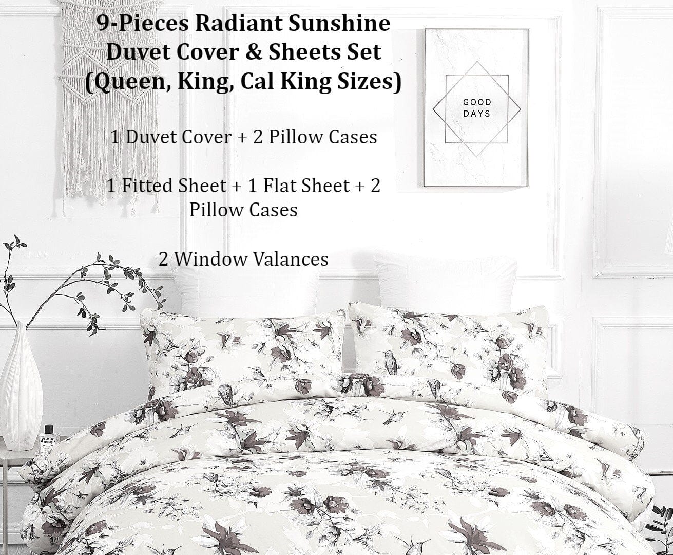 DaDa Bedding Sunshine Yellow Hummingbirds Floral Duvet Cover &amp; Fitted Flat Bed Sheets Set w/ Pillow Cases Window Valances (925)