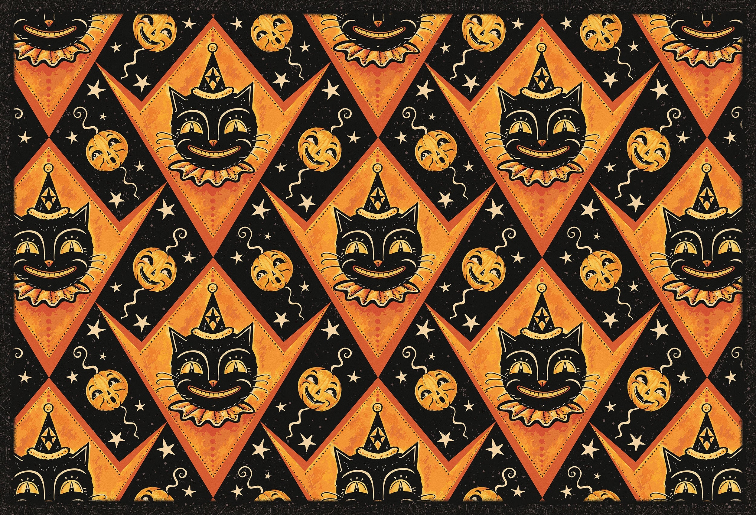 Grinning Black Cat Jack 56” Harlequin Vinyl Floor Decor