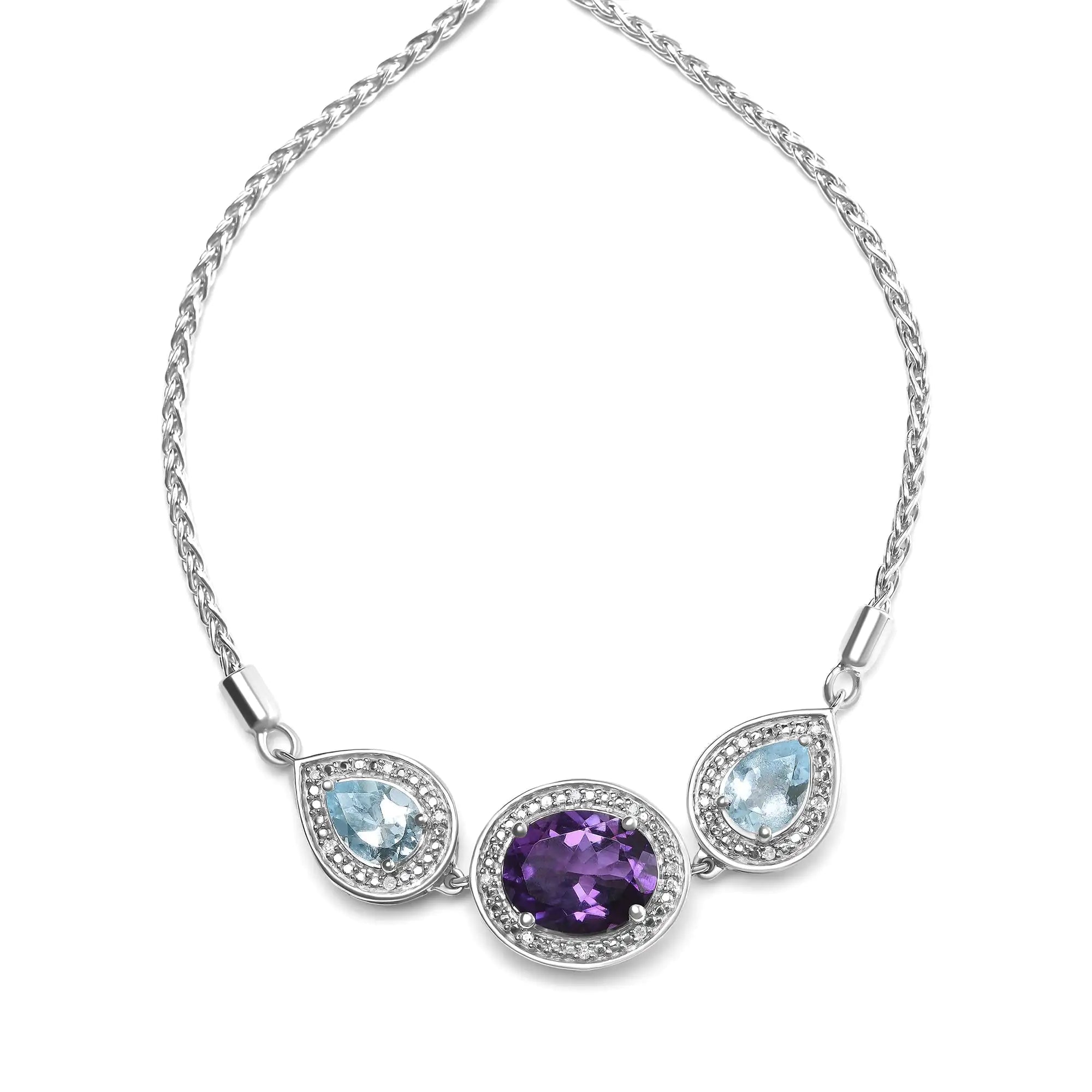 Style Loft Collection Oval Amethyst and Pear Blue Topaz .925 Sterling Silver with Diamond Accent Lariat 4”-10” Adjustable Bolo Bracelet (H-I Color, SI1-SI2 Clarity)