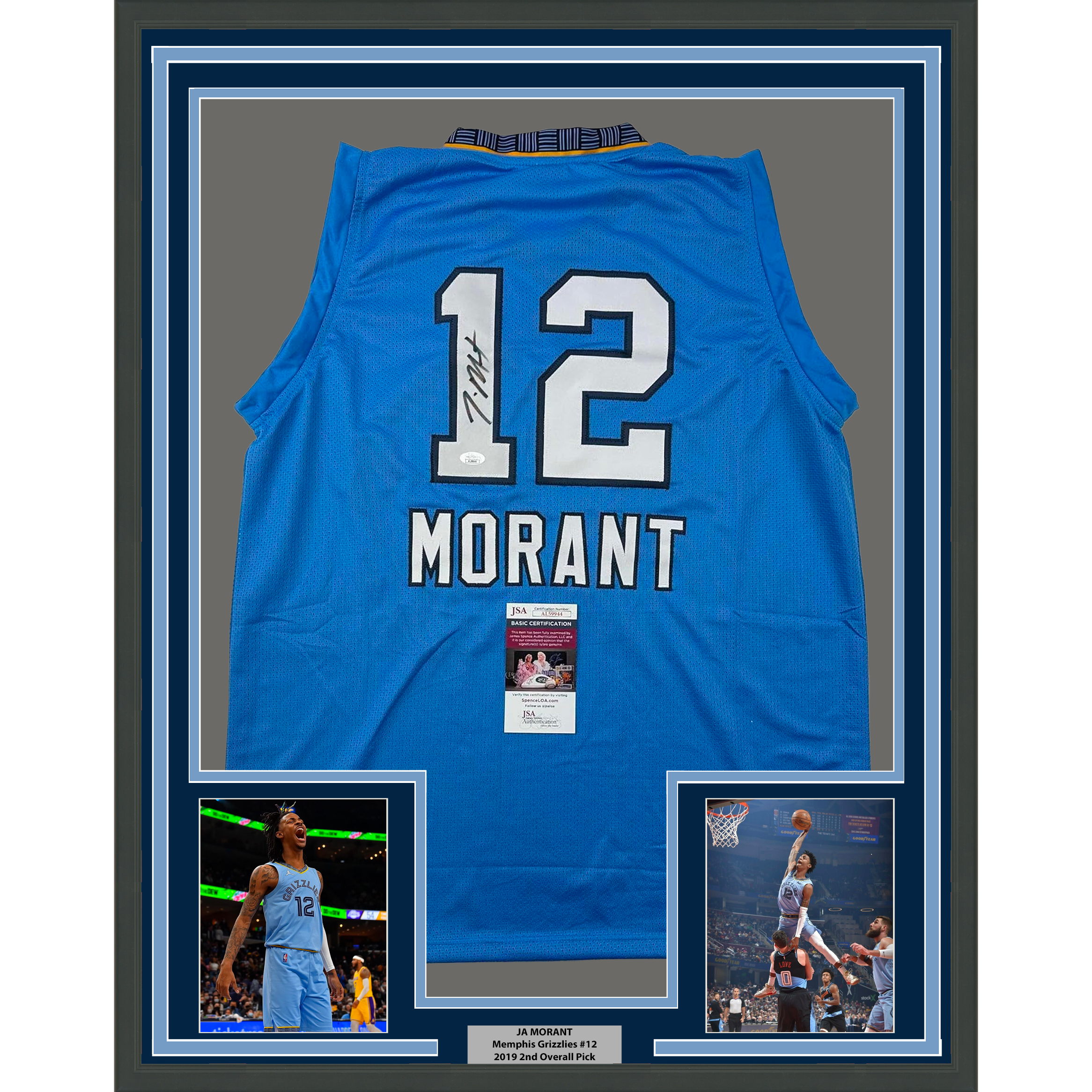 Framed Autographed/Signed Ja Morant 35x39 Memphis Light Blue Basketball Jersey JSA COA