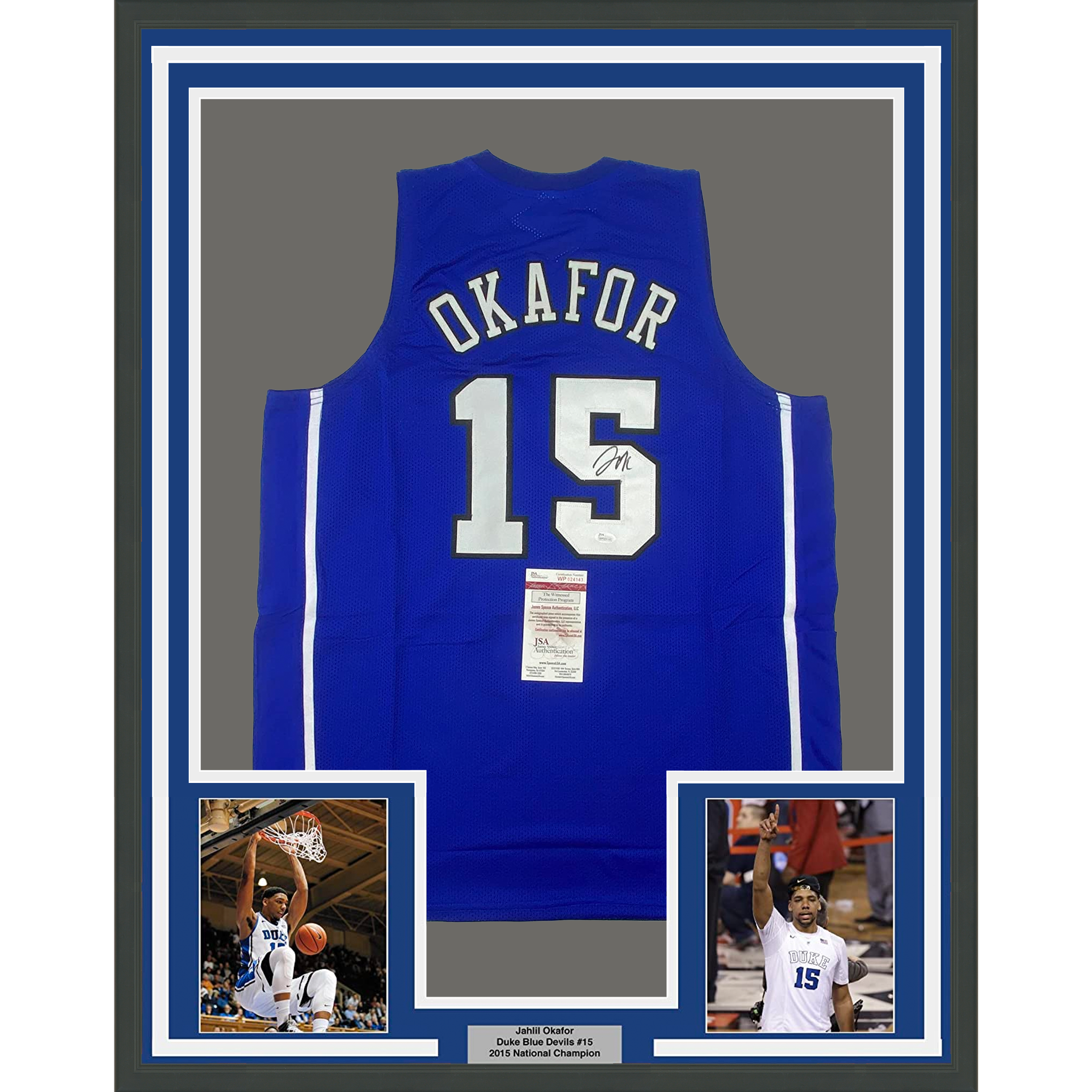 Framed Autographed/Signed Jahlil Okafor 35x39 Duke Blue College Basketball Jersey JSA COA