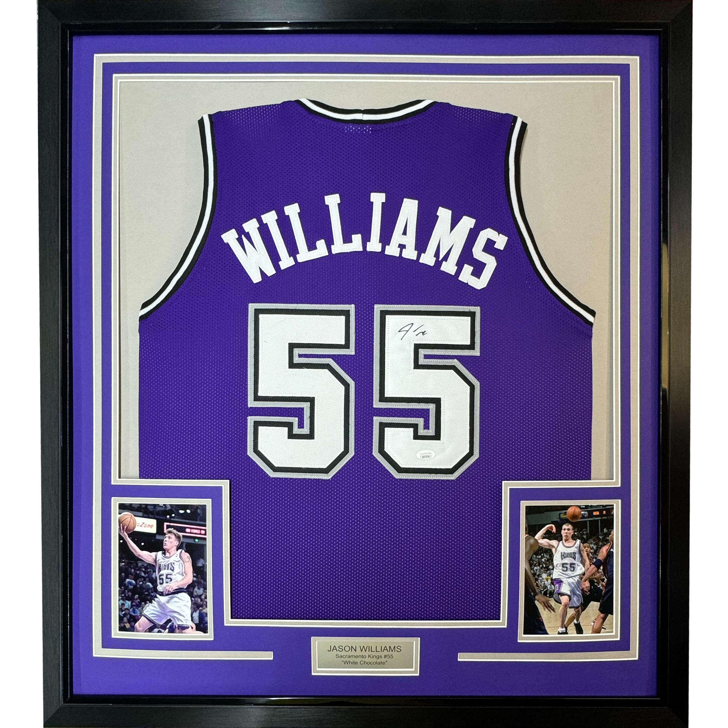 Framed Autographed/Signed Jason Williams 35x39 Sacramento Purple Basketball Jersey PSA/DNA COA