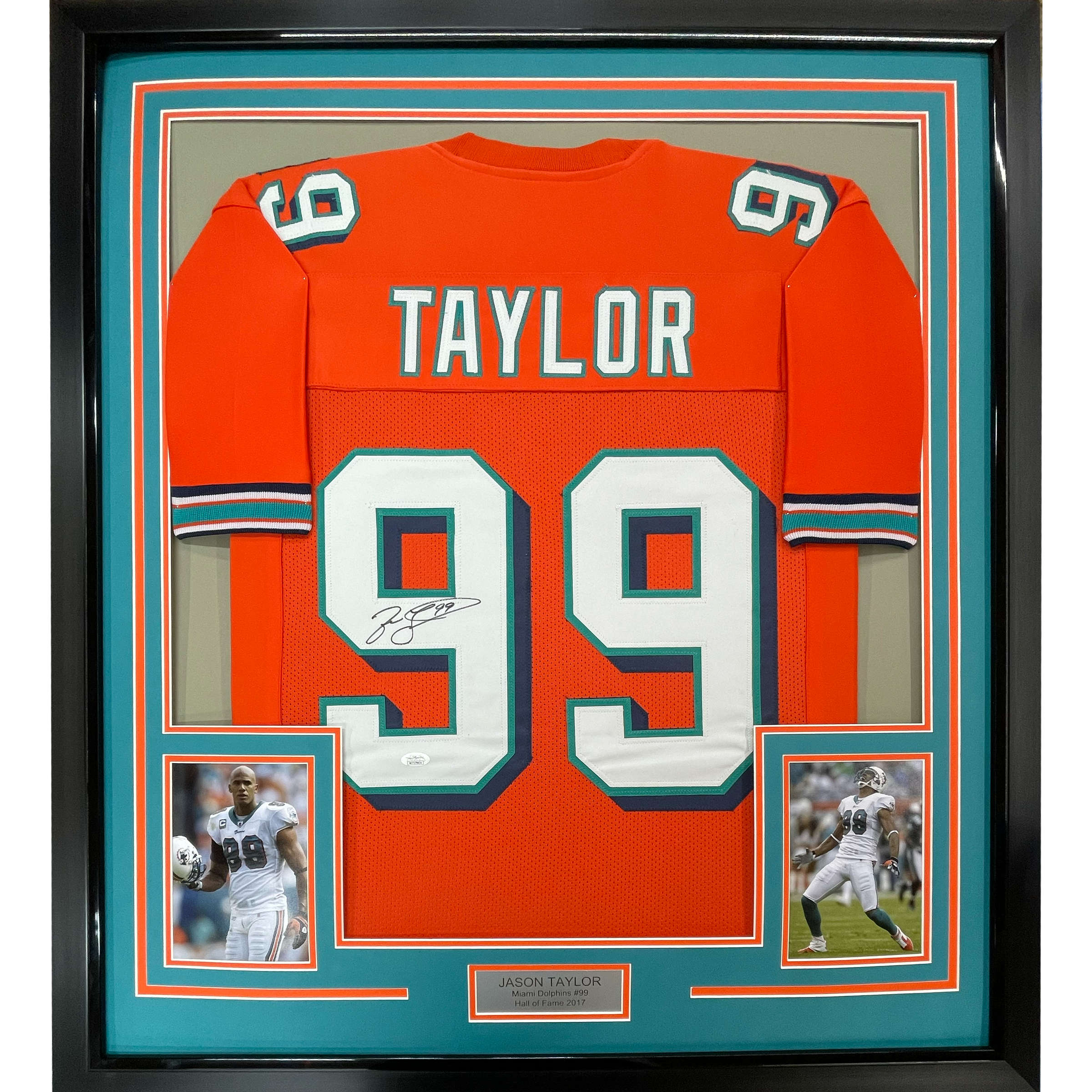 Framed Autographed/Signed Jason Taylor 35x39 Miami Orange Football Jersey JSA COA
