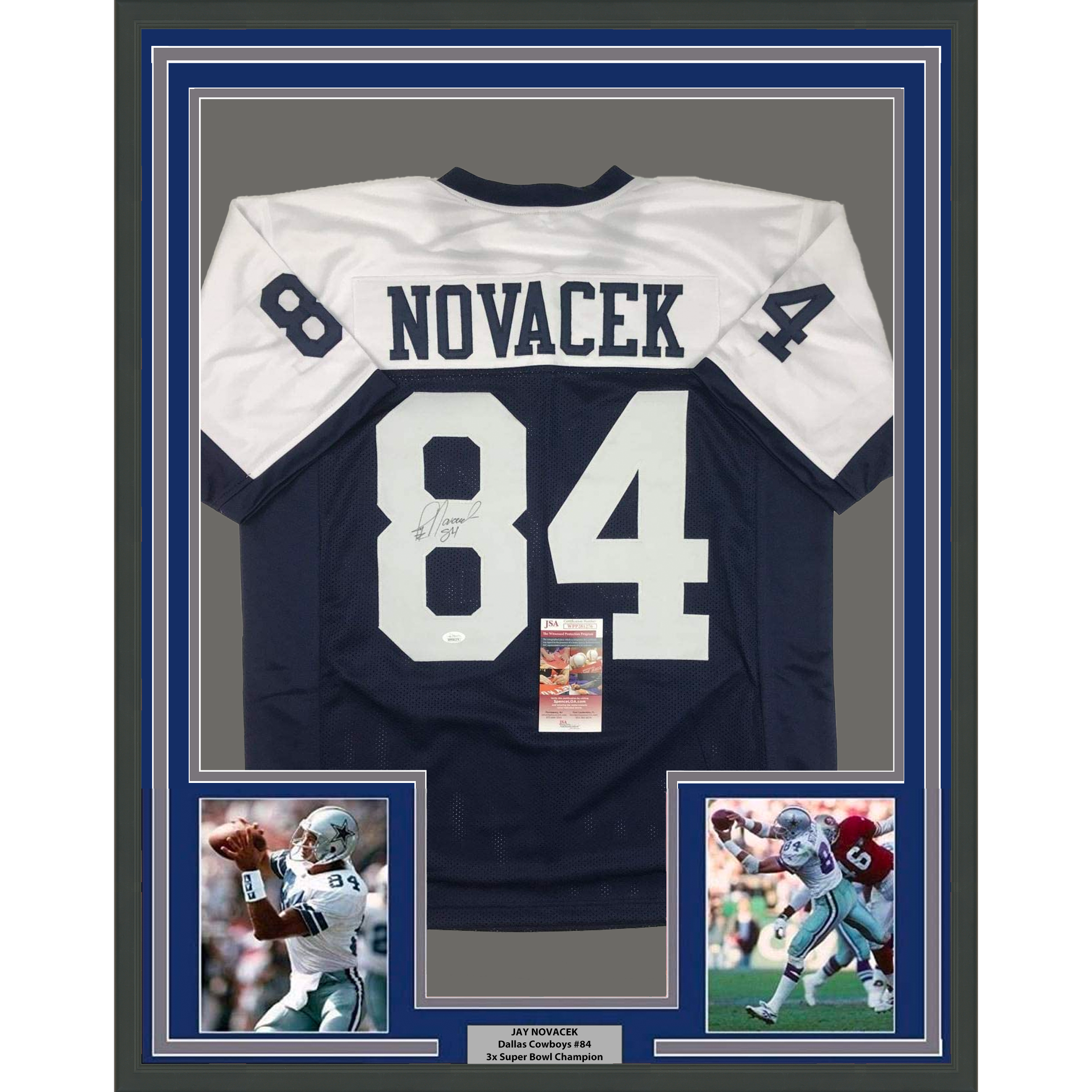 Framed Autographed/Signed Jay Novacek 35x39 Dallas Thanksgiving Day Football Jersey JSA COA