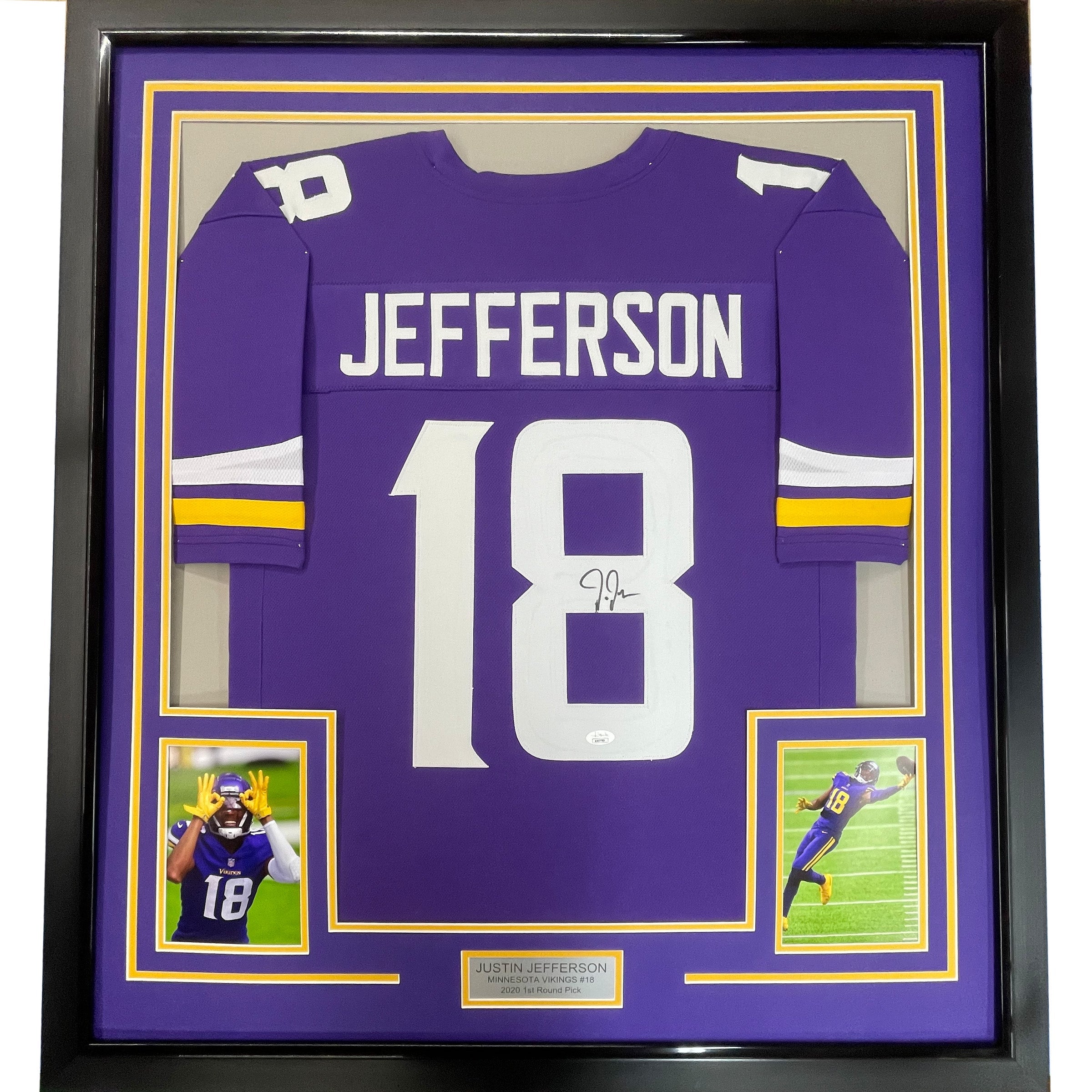 Framed Autographed/Signed Justin Jefferson 35x39 Minnesota Purple Football Jersey JSA COA