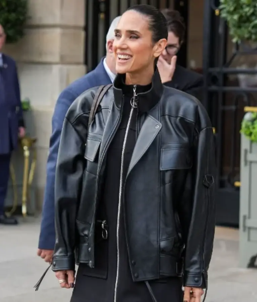 Jennifer Connelly PFW 2025 Black Leather Jacket
