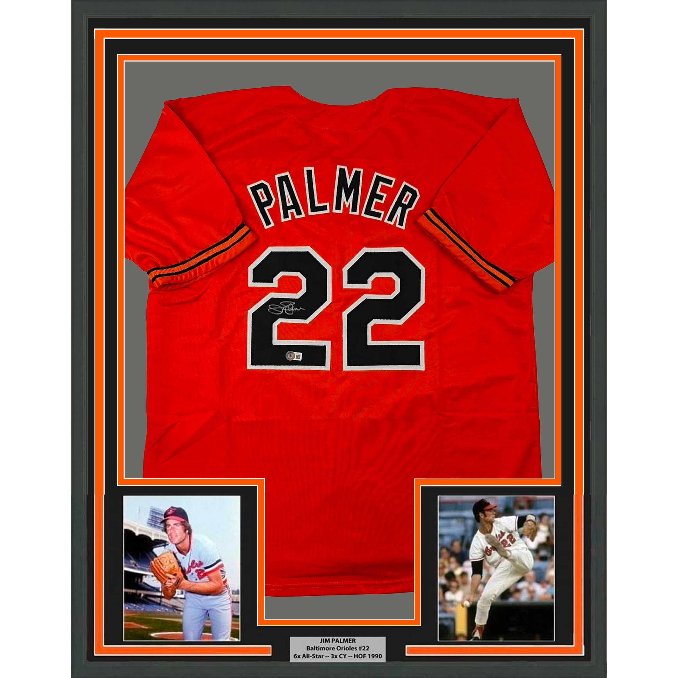 Framed Autographed/Signed Jim Palmer 35x39 Baltimore Orange Baseball Jersey Beckett BAS COA