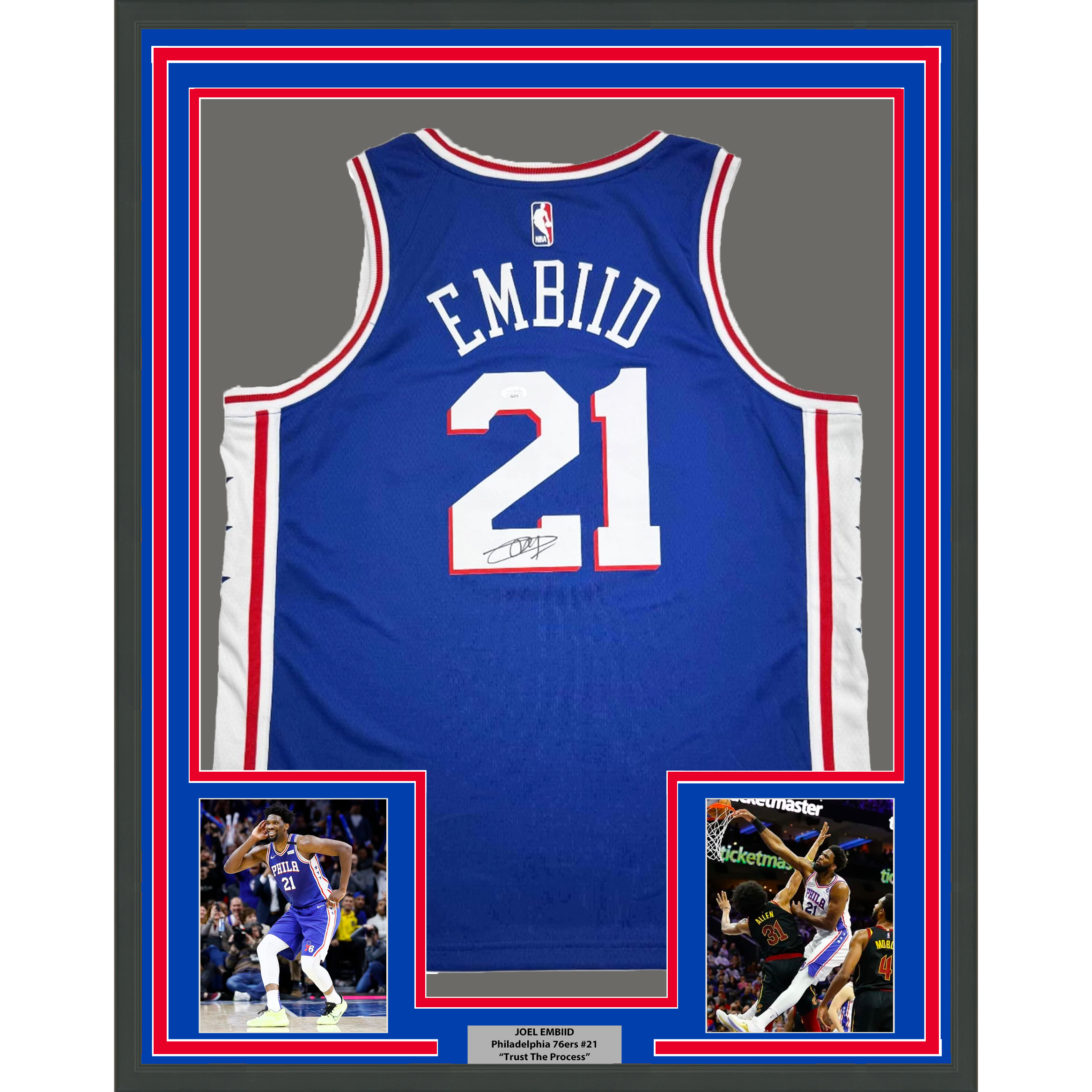 Framed Autographed/Signed Joel Embiid 35x39 Philadelphia Blue Basketball Jersey JSA COA/LOA