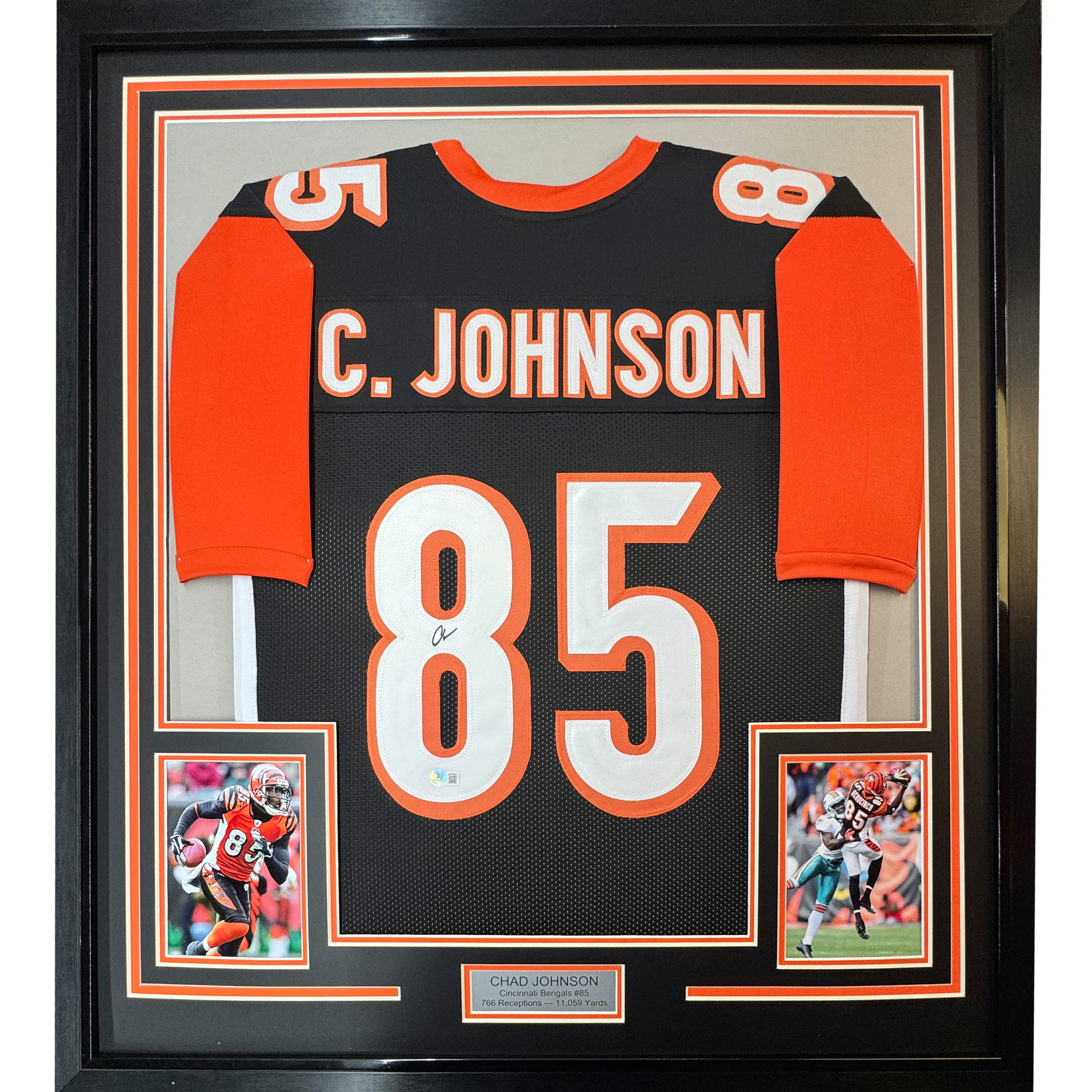 Framed Autographed/Signed Chad Johnson Ochocinco 35x39 Cincinnati Black Football Jersey JSA COA