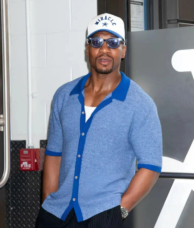 Jonathan Majors NYC 2025 Blue Shirt