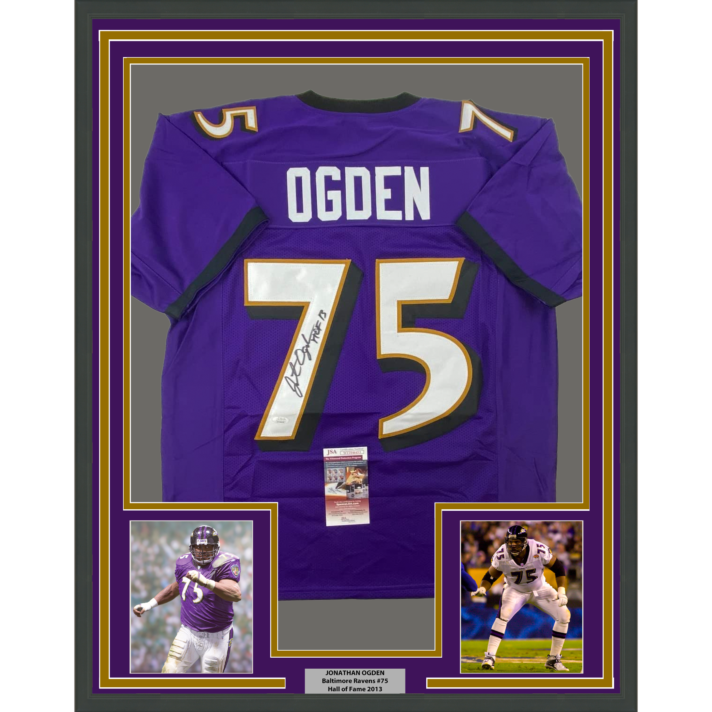 Framed Autographed/Signed Jonathan Ogden 35x39 HOF 13 Baltimore Purple Football Jersey JSA COA