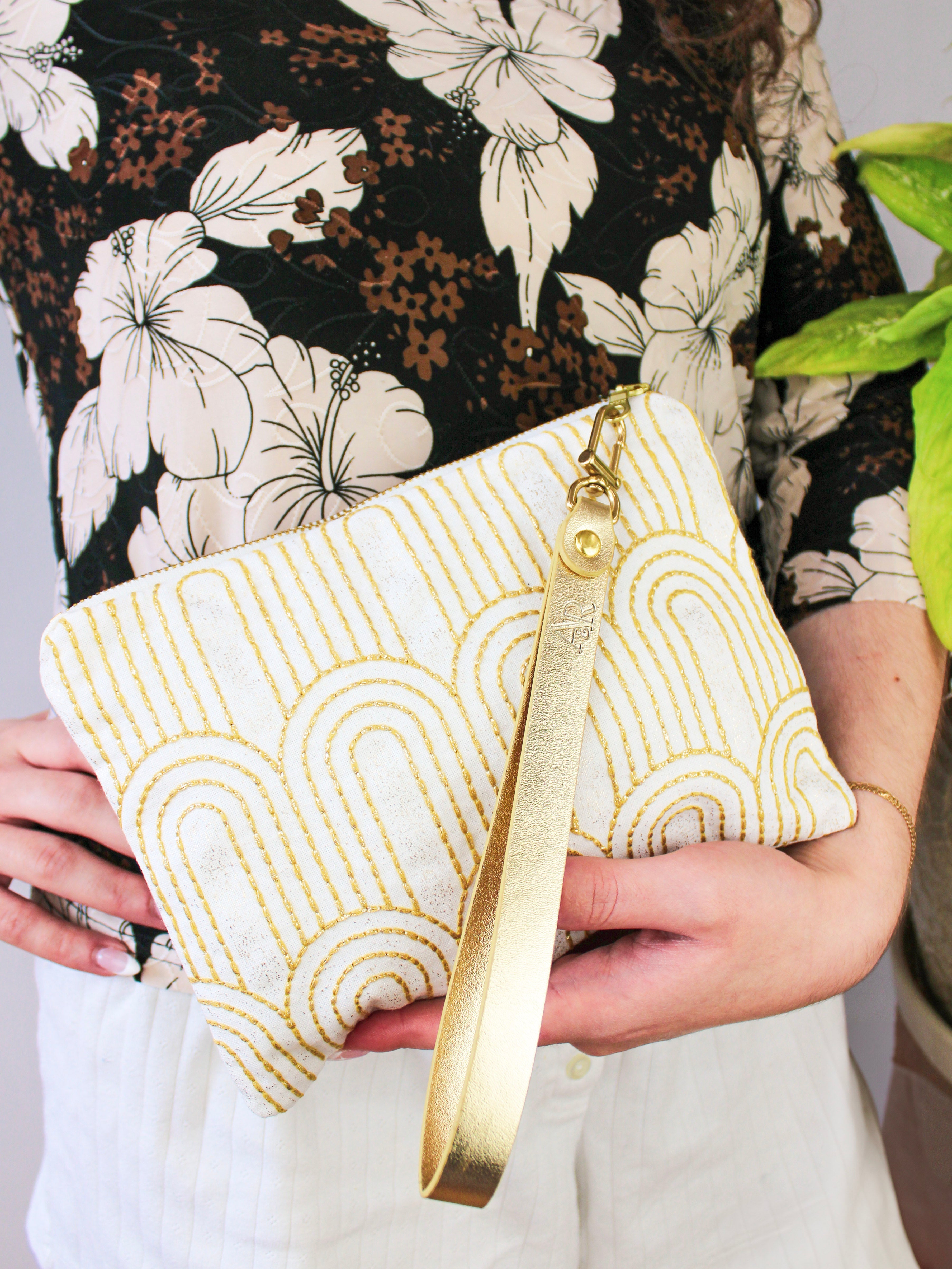 Josephine Embroidered Gold and White Wristlet Purse