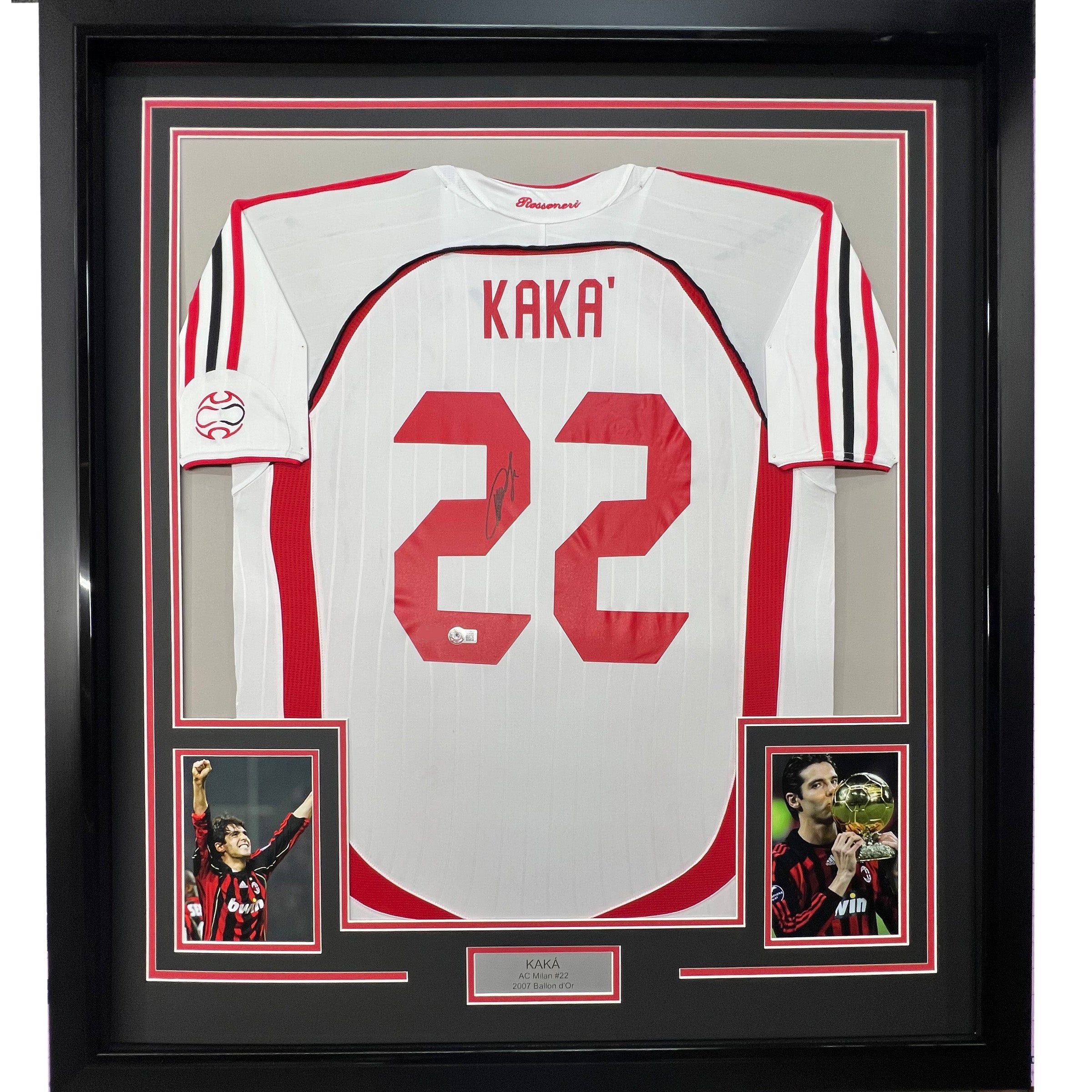 Framed Autographed/Signed Ricardo Kaka AC Milan 35x39 White Soccer Futbol Jersey Beckett BAS COA
