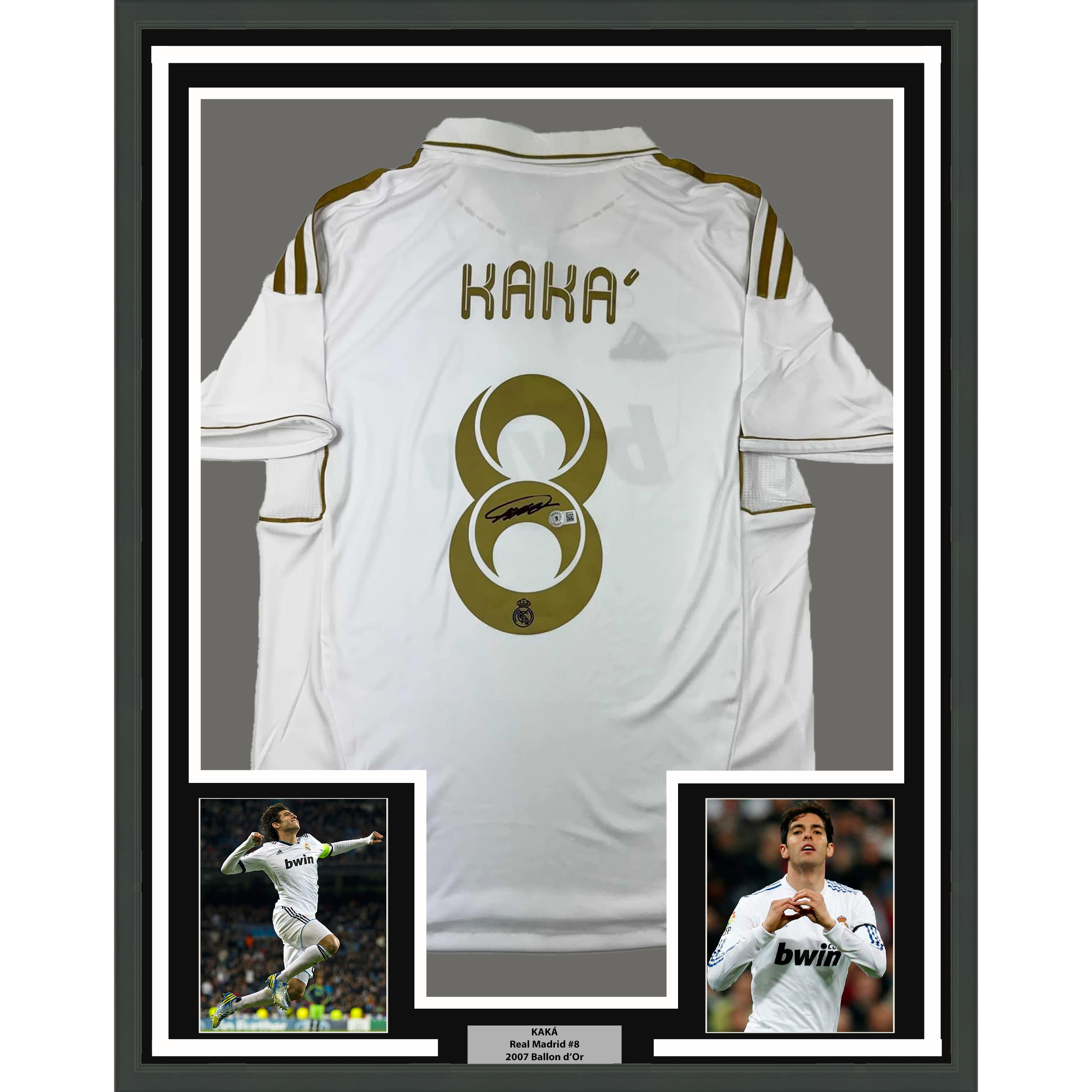 Framed Autographed/Signed Ricardo Kaka 35x39 Real Madrid White/Gold Retro Soccer Futbol Jersey Beckett BAS COA