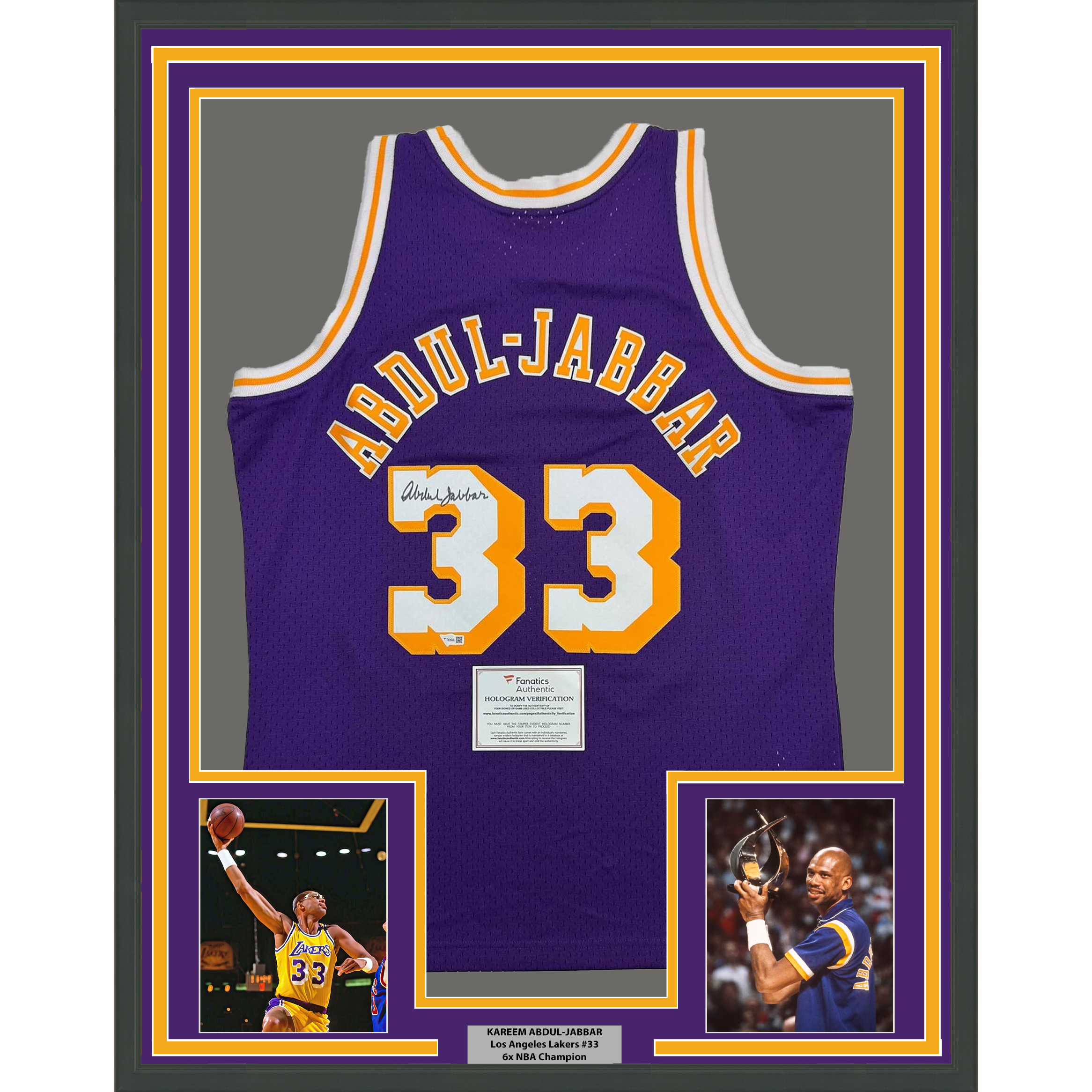 Framed Autographed/Signed Kareem Abdul-Jabbar 35x39 Los Angeles Lakers Mitchell &amp;amp; Ness Purple Basketball Jersey Fanatics COA