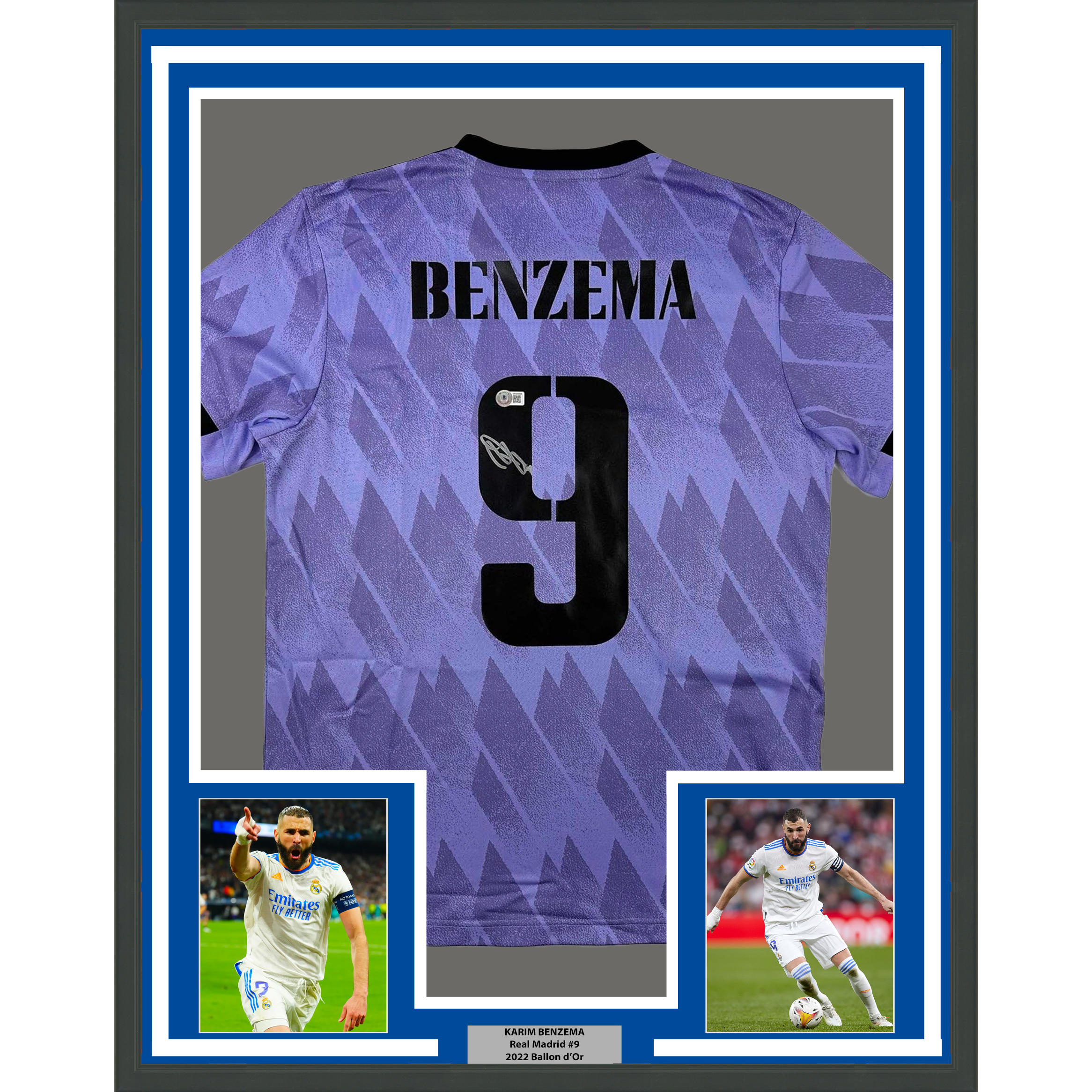 Framed Autographed/Signed Karim Benzema 35x39 Real Madrid 2022-23 Purple Soccer Jersey Beckett BAS COA