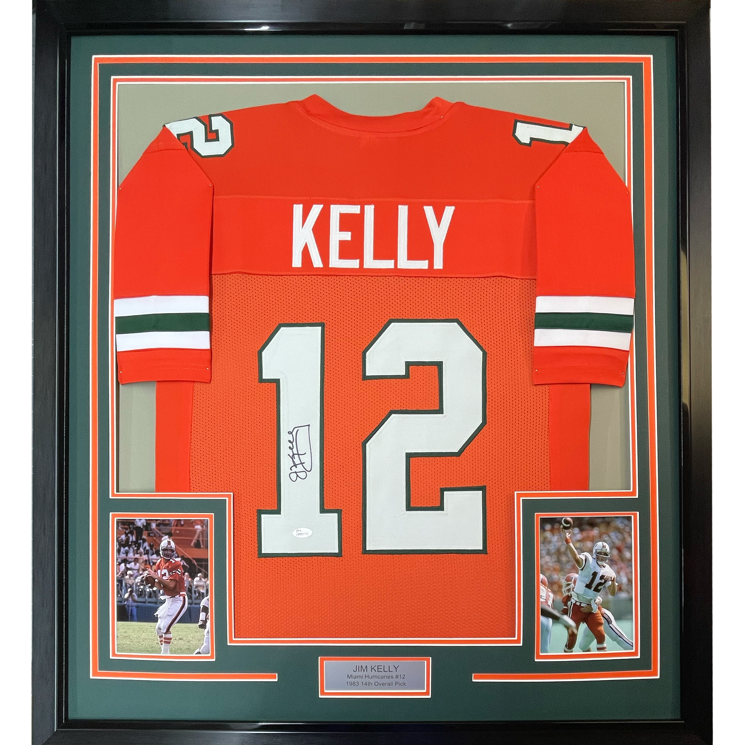 Framed Autographed/Signed Jim Kelly 35x39 Miami Hurricanes Orange College Football Jersey JSA COA