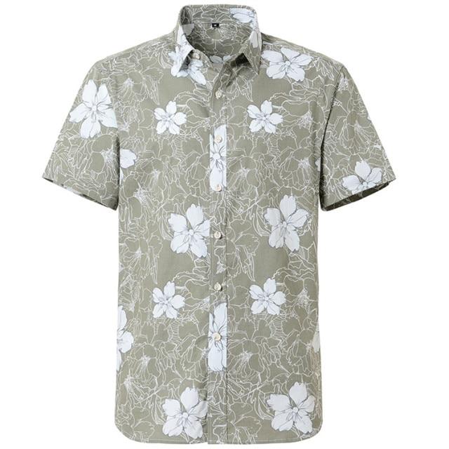 Khaki Hibiscus Hawaiian Cotton Short Sleeve Shirt