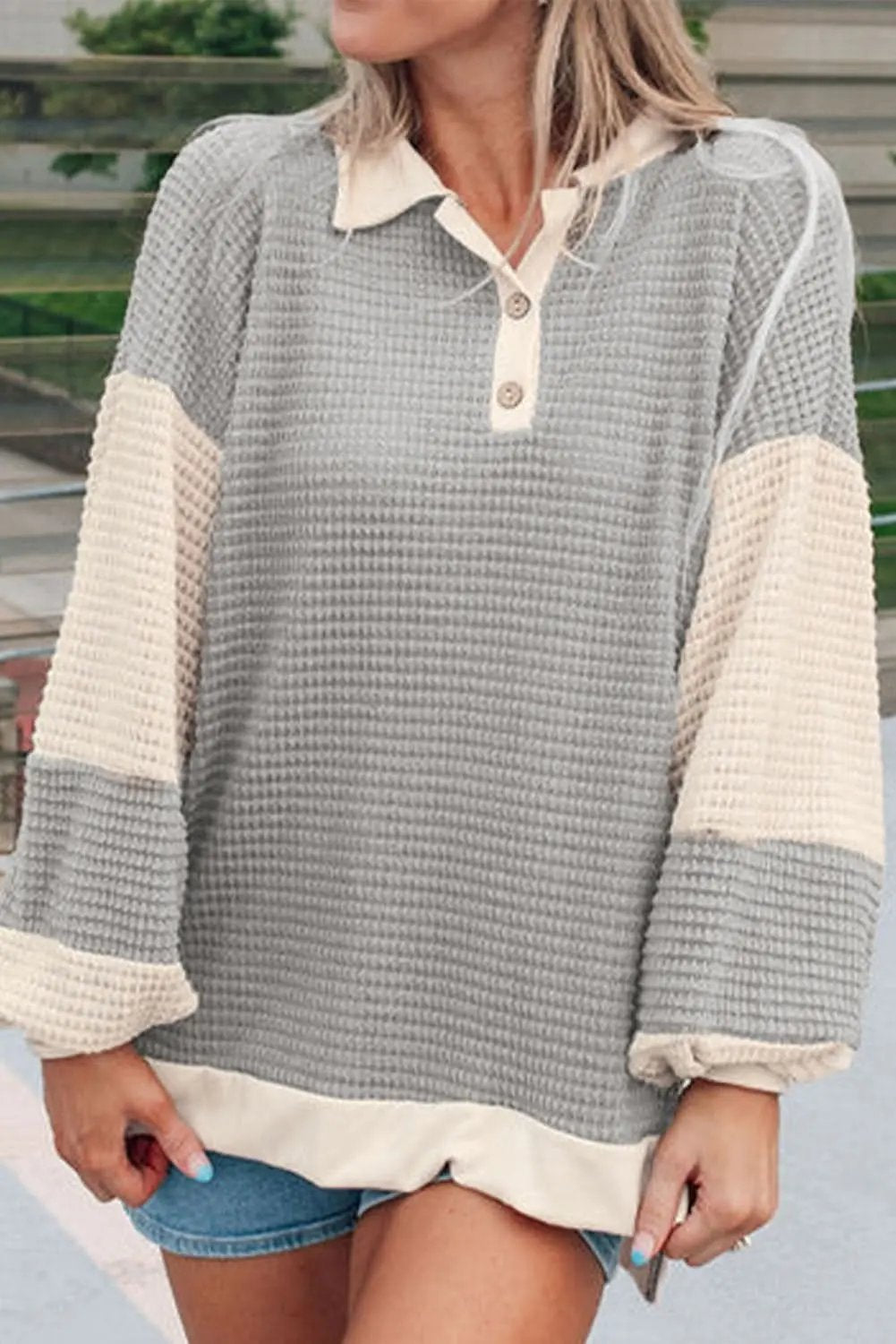 Love Salve Khaki Henley Top Women&amp;#39;s Casual Waffle Knit Fall Top