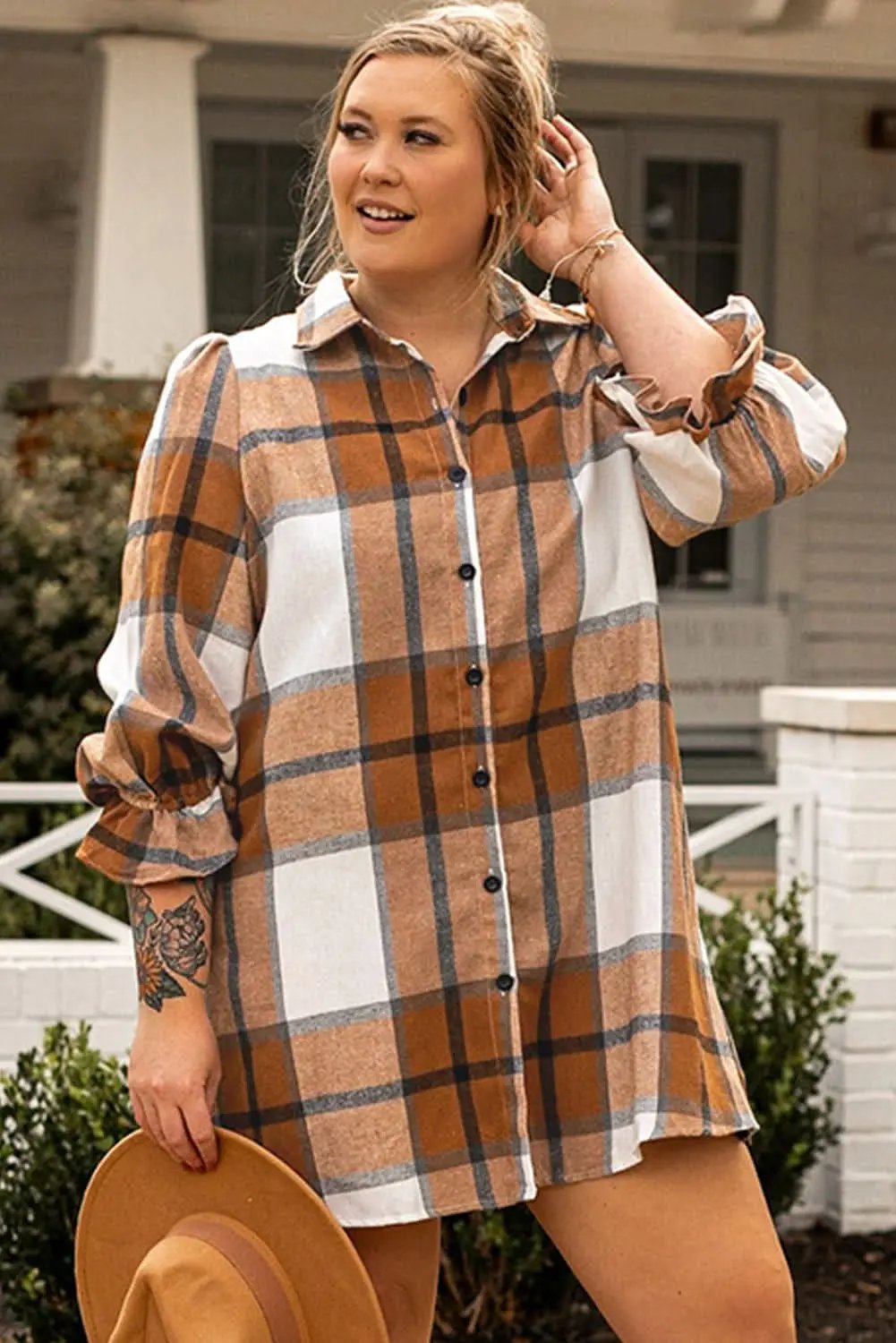 Love Salve Khaki Plaid Dress Women&amp;#39;s Daily H-Line Flounce Sleeve Southern Belle