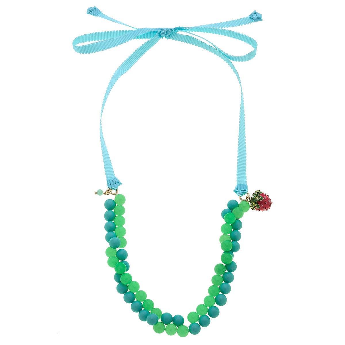 Kids Melody Strawberry Charm Beaded Ribbon Children&amp;#39;s Necklace in Aqua and Green Beads | Kids Fashion Beads Jewelry