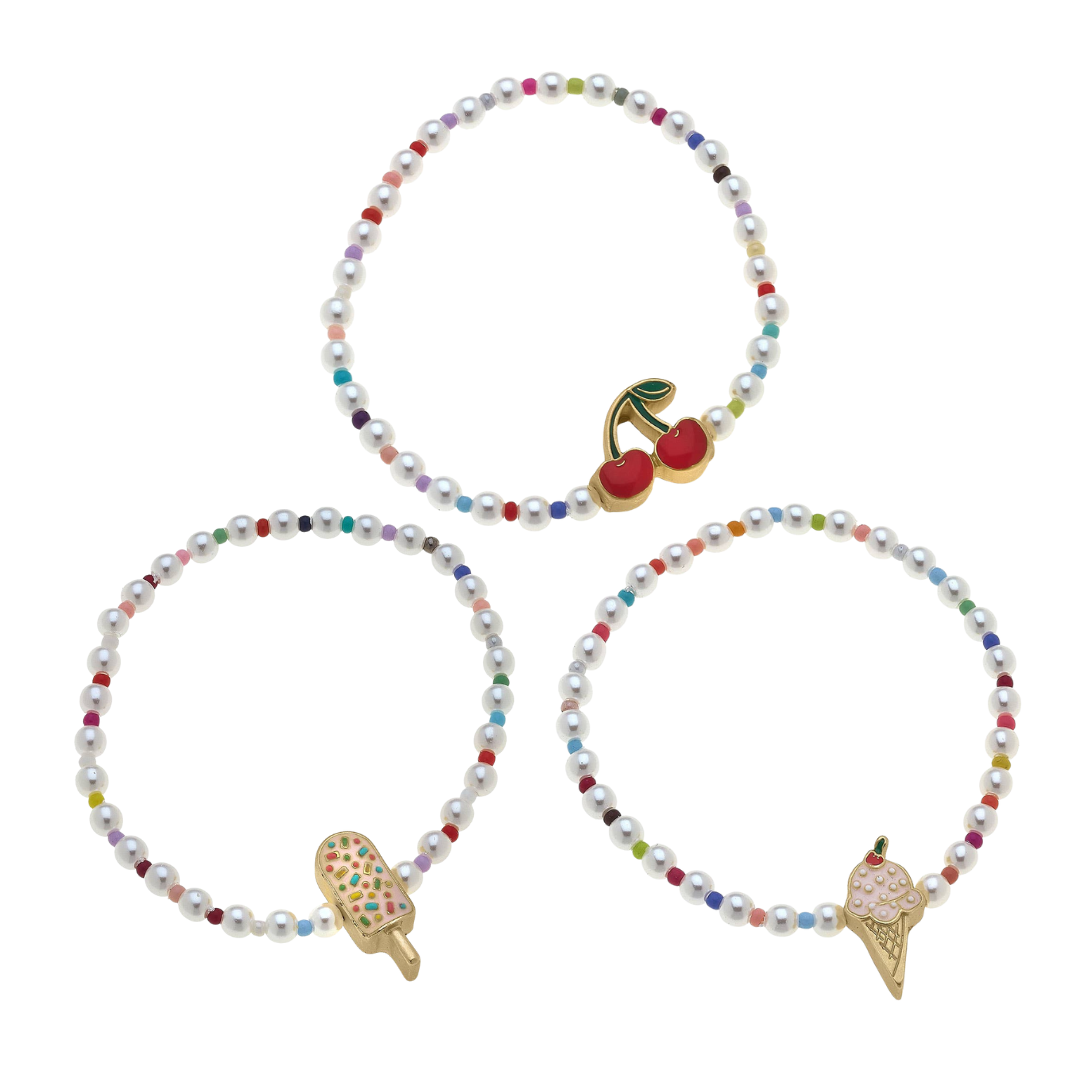 Kids Samantha Pearl Beaded Children&amp;#39;s Bracelet with Cute Charm | Popsicle, Ice Cream, or Cherries