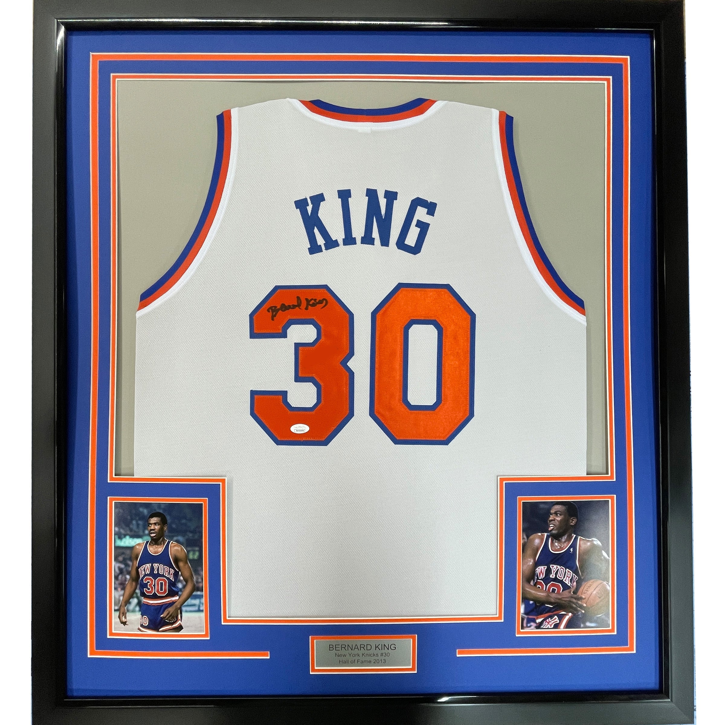 Framed Autographed/Signed Bernard King 35x39 New York White Basketball Jersey Beckett BAS COA