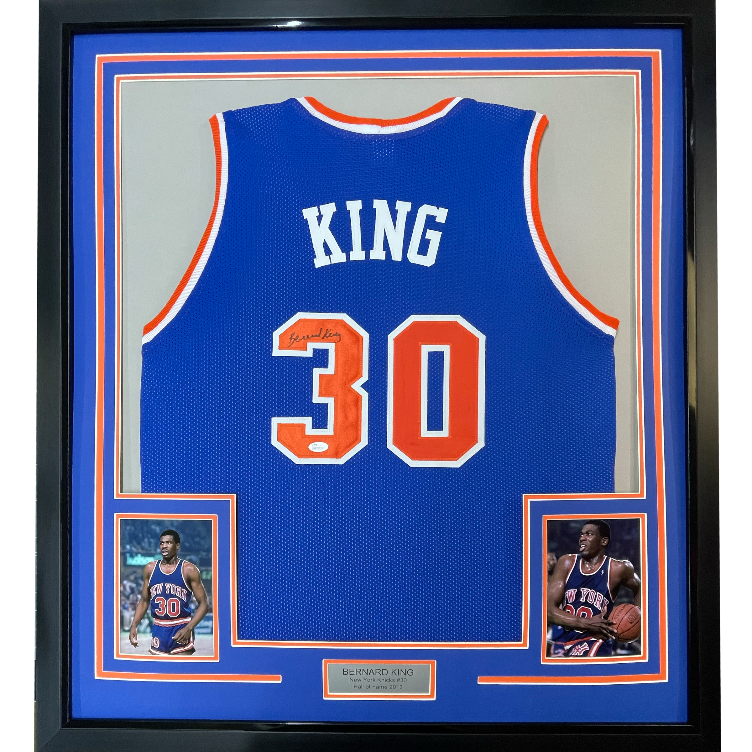 Framed Autographed/Signed Bernard King 35x39 New York Blue Basketball Jersey Beckett BAS COA