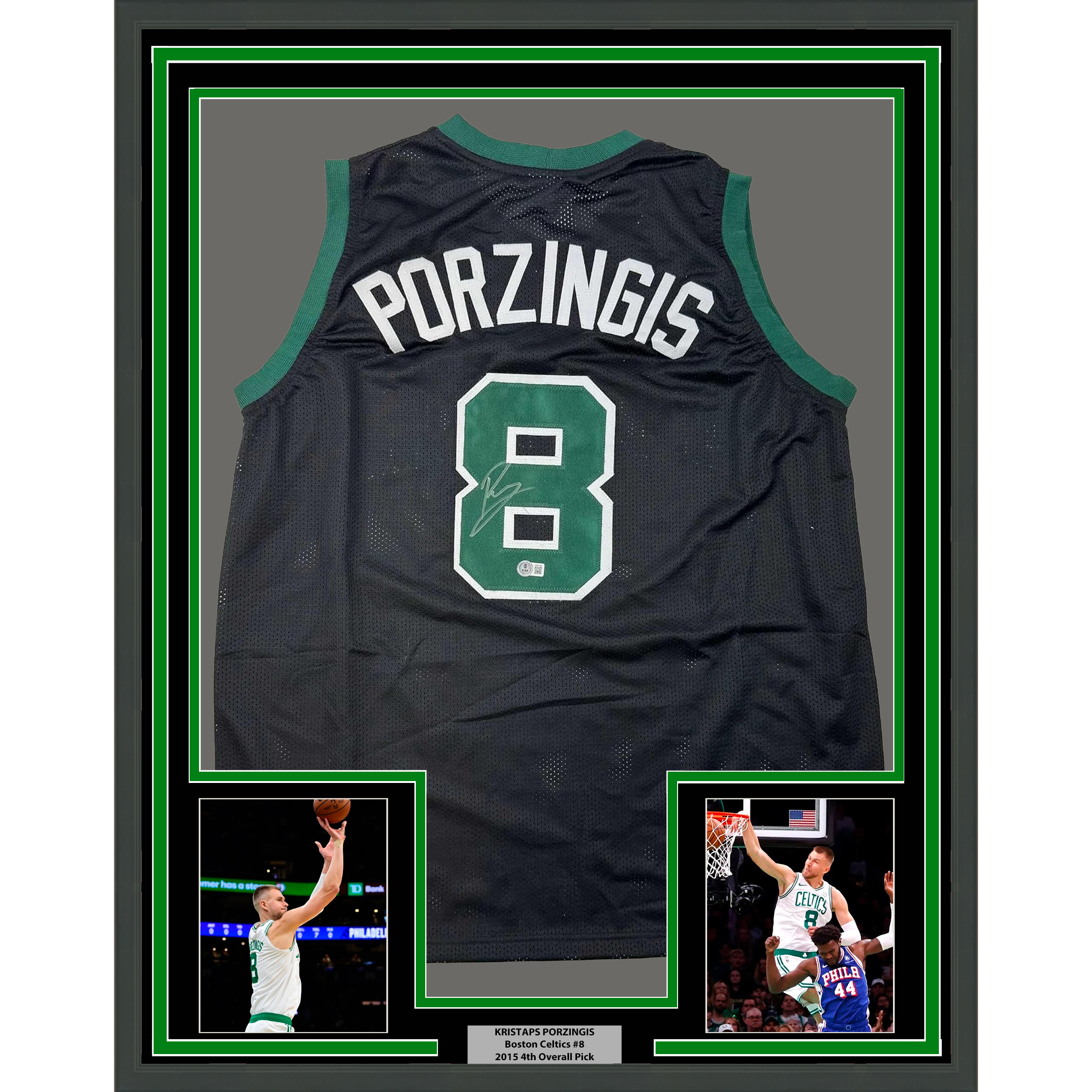 Framed Autographed/Signed Kristaps Porzingis 35x39 Boston Black Basketball Jersey JSA COA