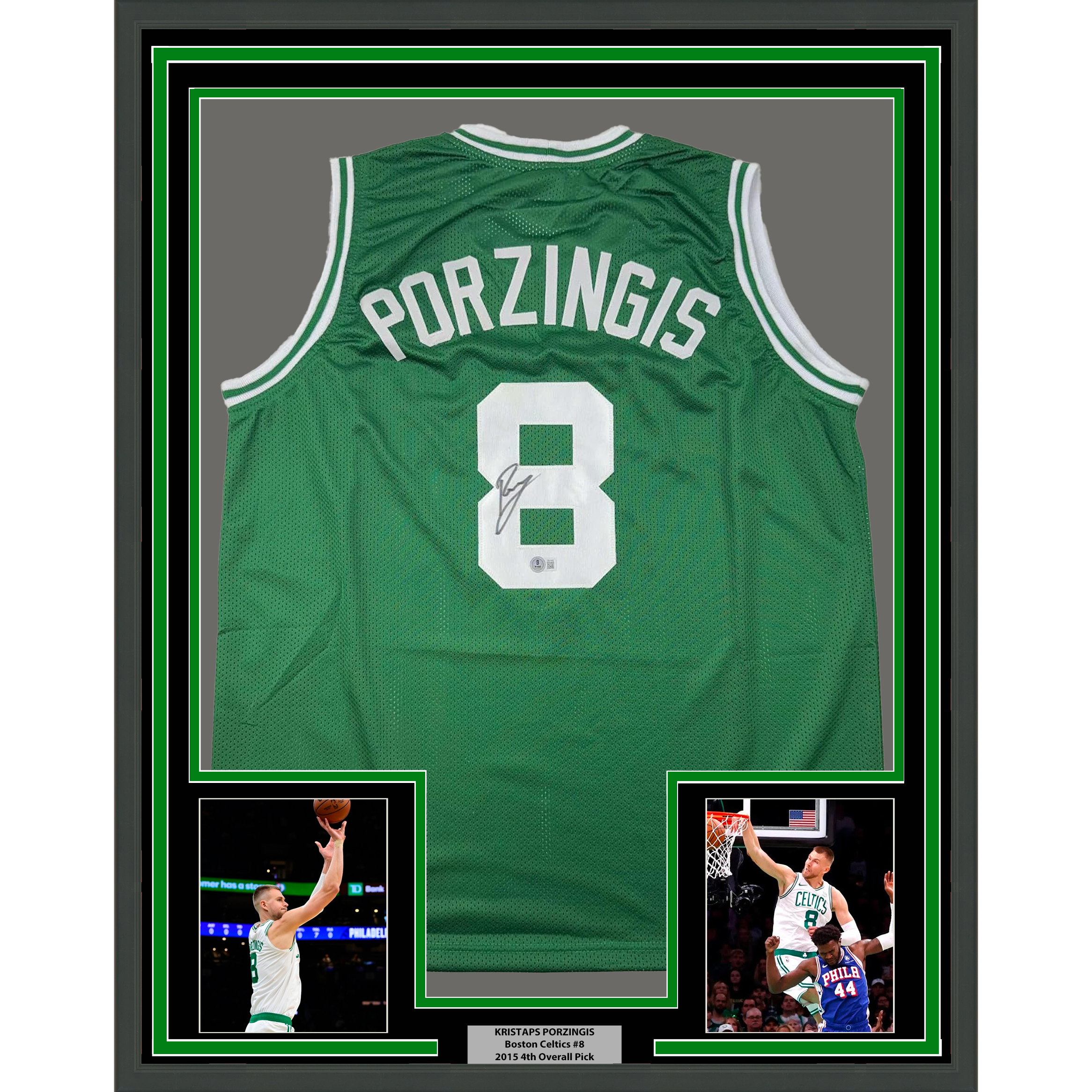 Framed Autographed/Signed Kristaps Porzingis 35x39 Boston Green Basketball Jersey JSA COA