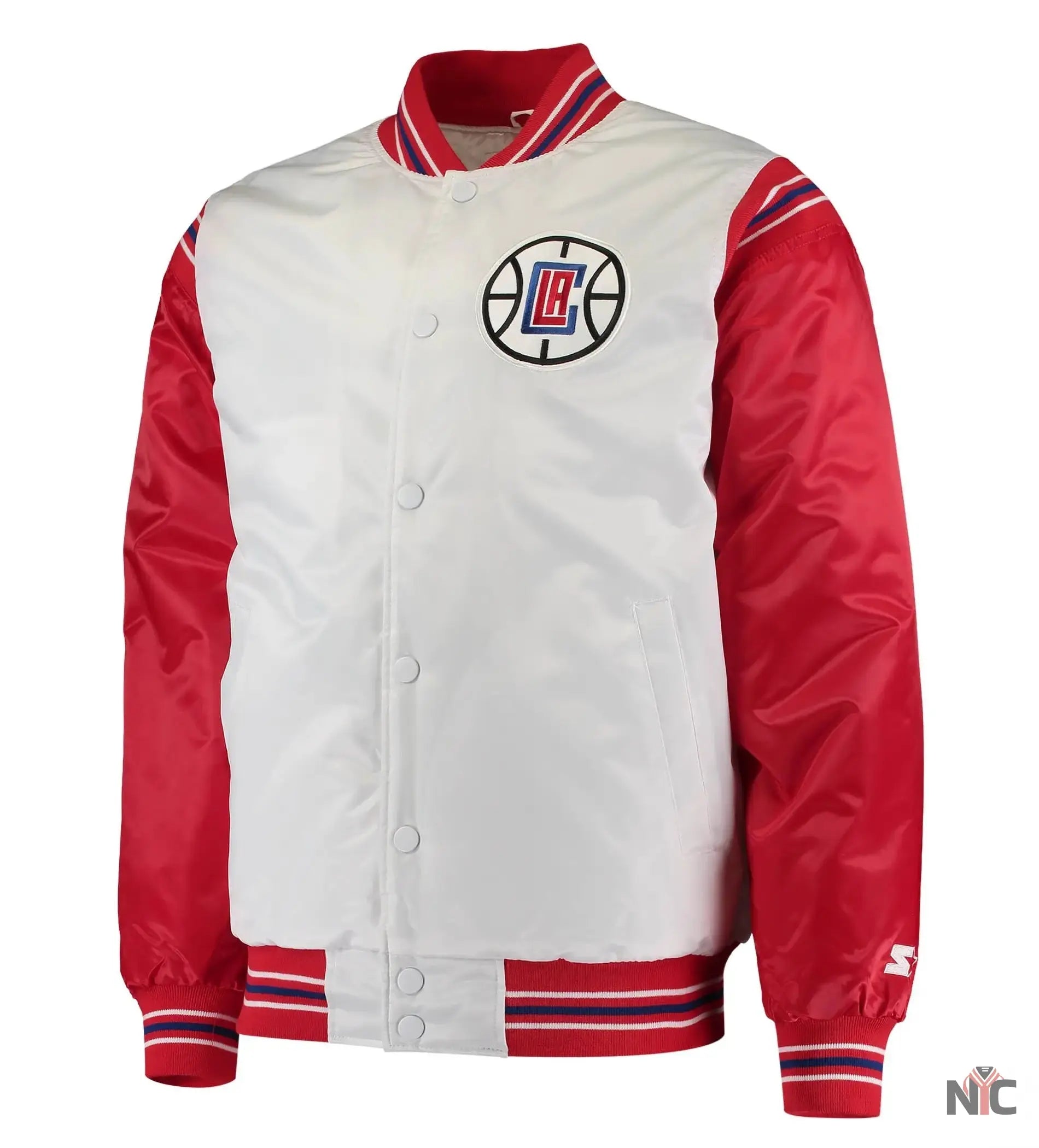LA Clippers Renegade Full-Snap White &amp;amp; Red Satin Varsity Jacket