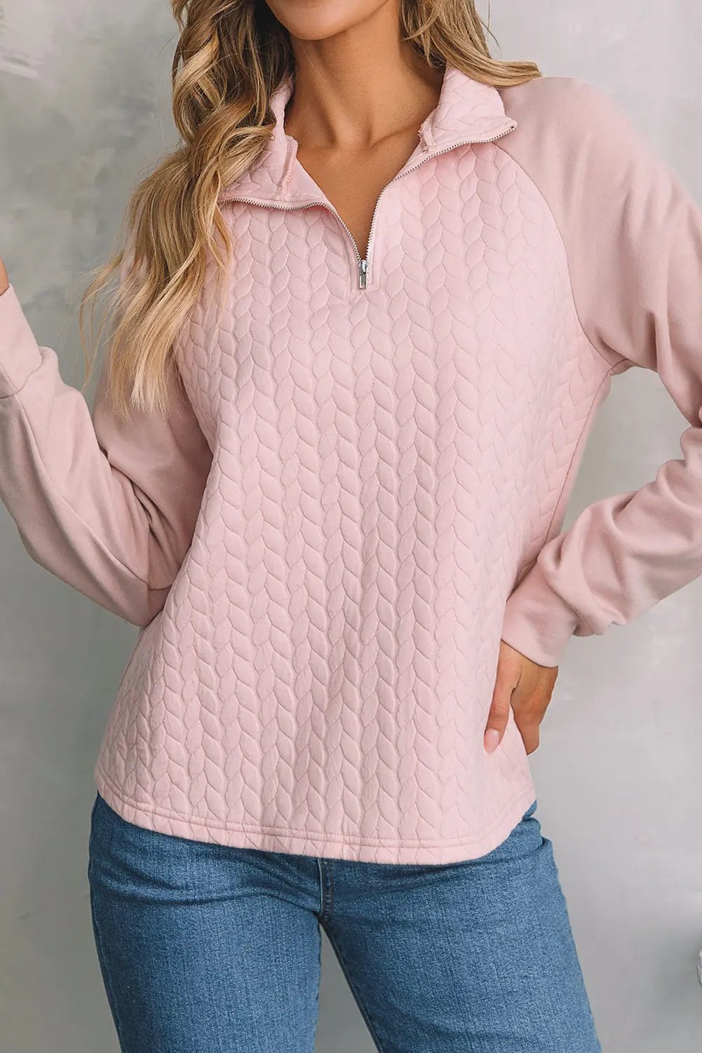 Threaded Pear Pink Quarter Zip Women&amp;#39;s Casual Sweatshirt - Soft &amp;amp; Cozy