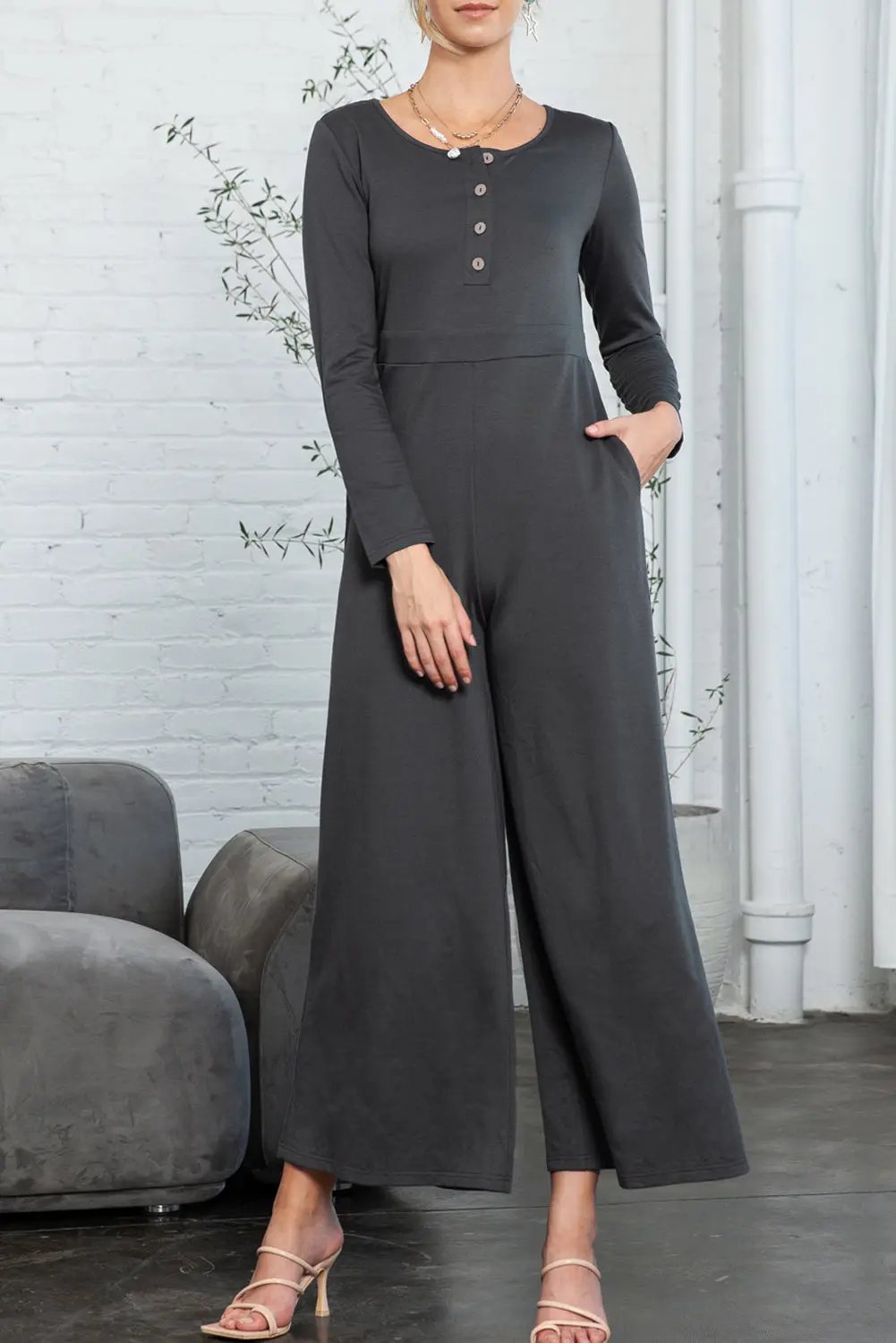 Threaded Pear Button Jumpsuit Daily Wear Women&amp;#39;s Jumpsuit Wide Leg, Long Sleeve