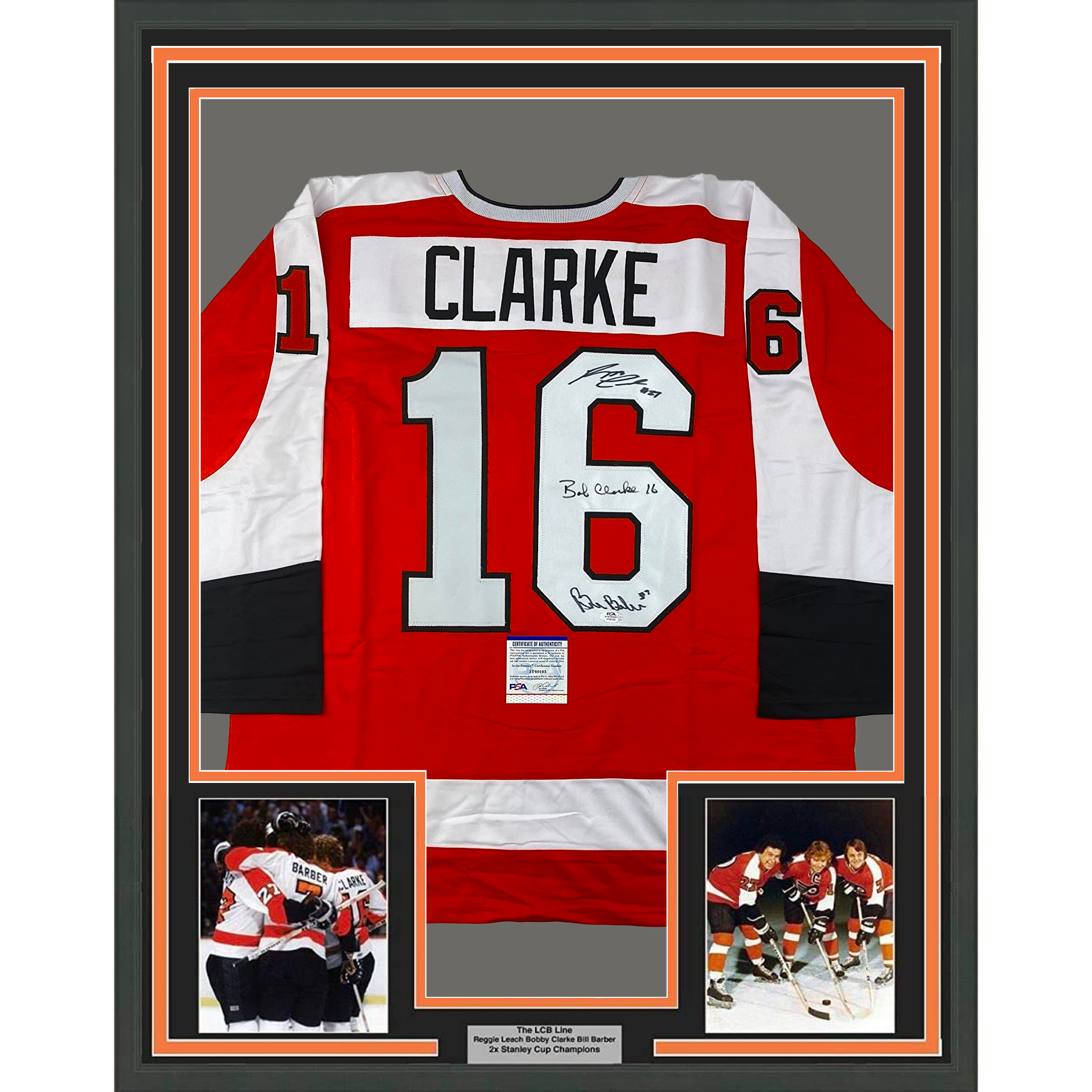 Framed Autographed/Signed LCB Line Reggie Leach, Bobby Clarke &amp;amp; Bill Barber 35x39 Philadelphia Orange Hockey Jersey JSA COA