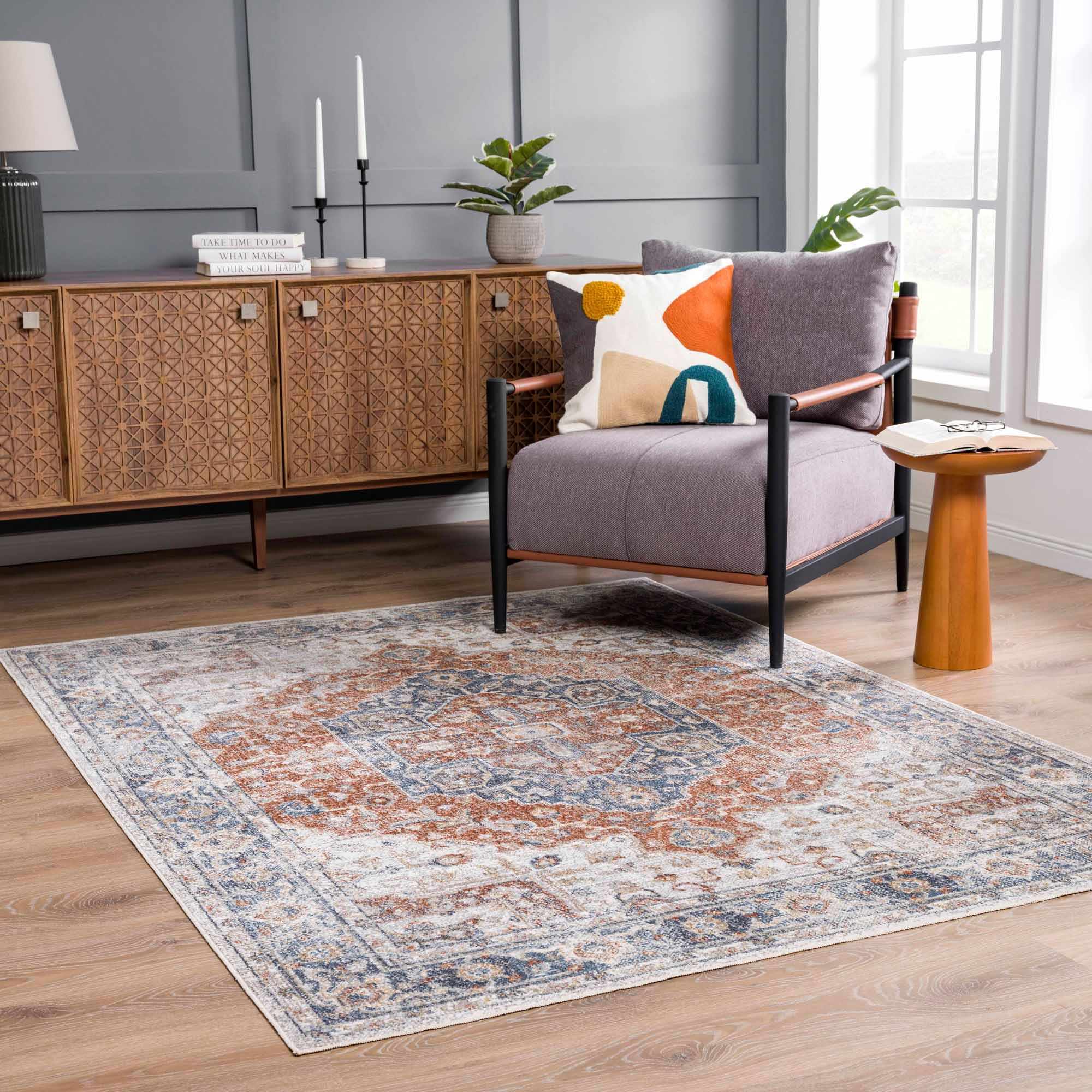 Akram Gray &amp;amp; Orange Washable Area Rug - Clearance
