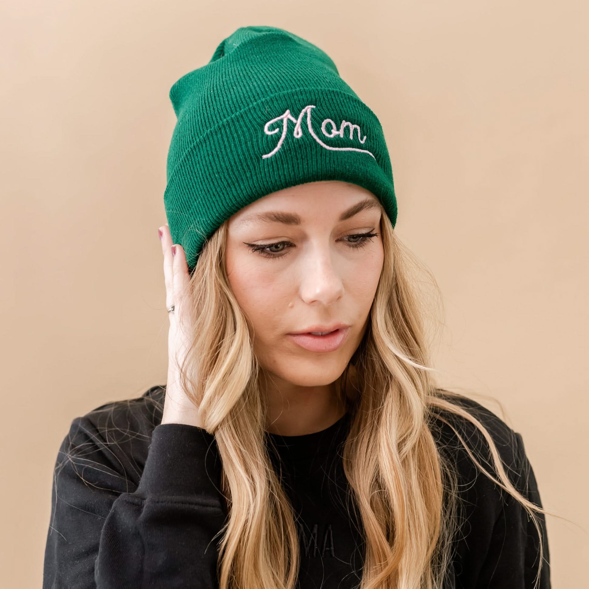 Mom (Script) - Green w/ Pink - Adult Beanie