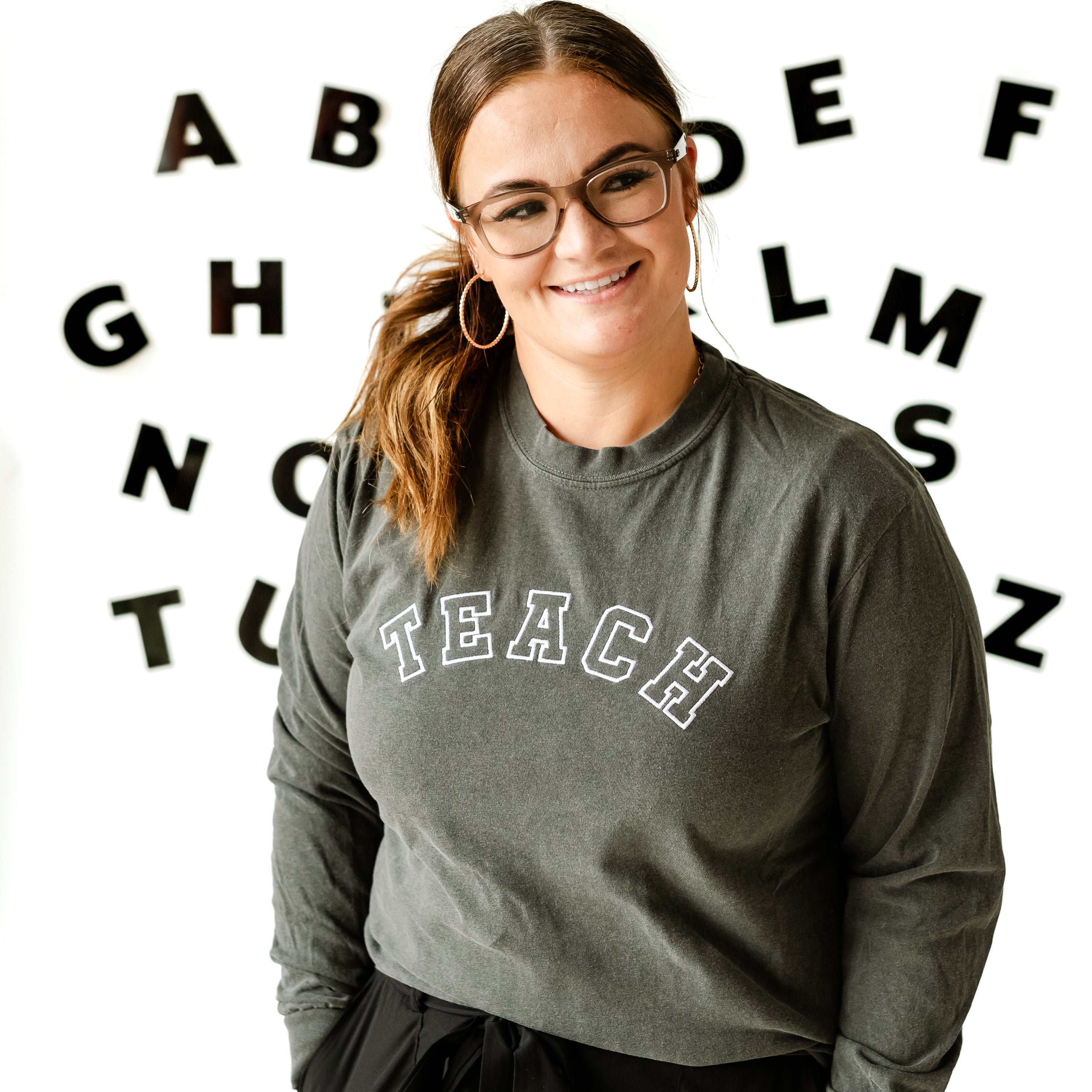 Embroidered LONG SLEEVE Comfort Colors Tee - TEACH - (Varsity Outline) White Thread