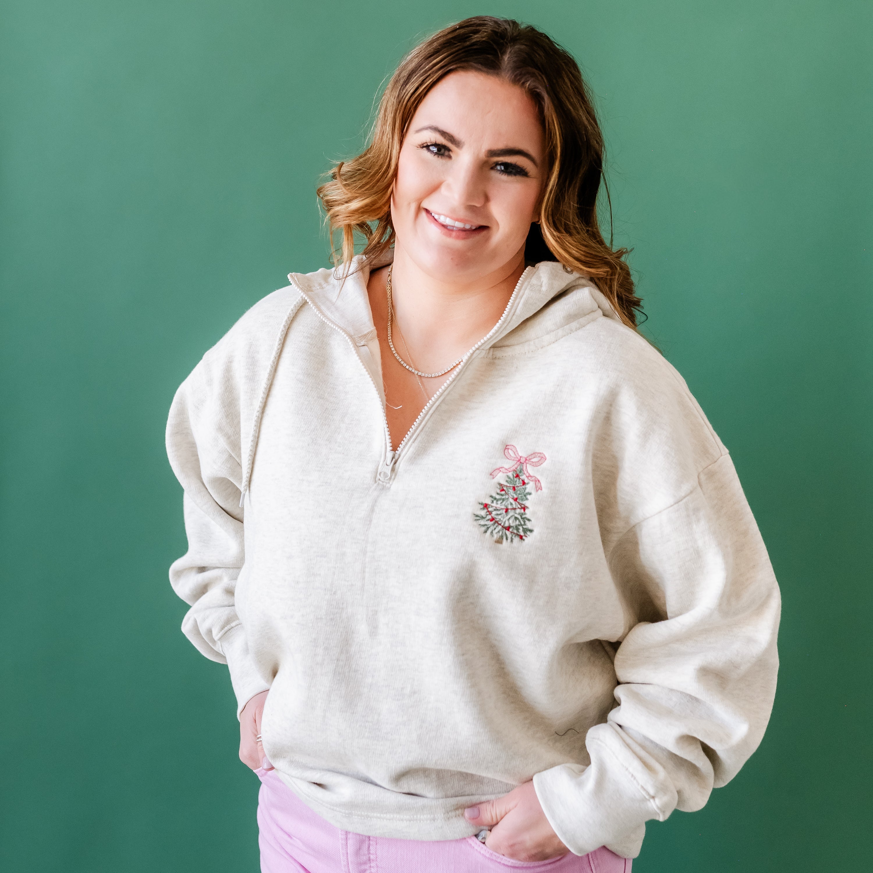Christmas Tree w/ Bow - Embroidered Oatmeal Quarter Zip Fleece