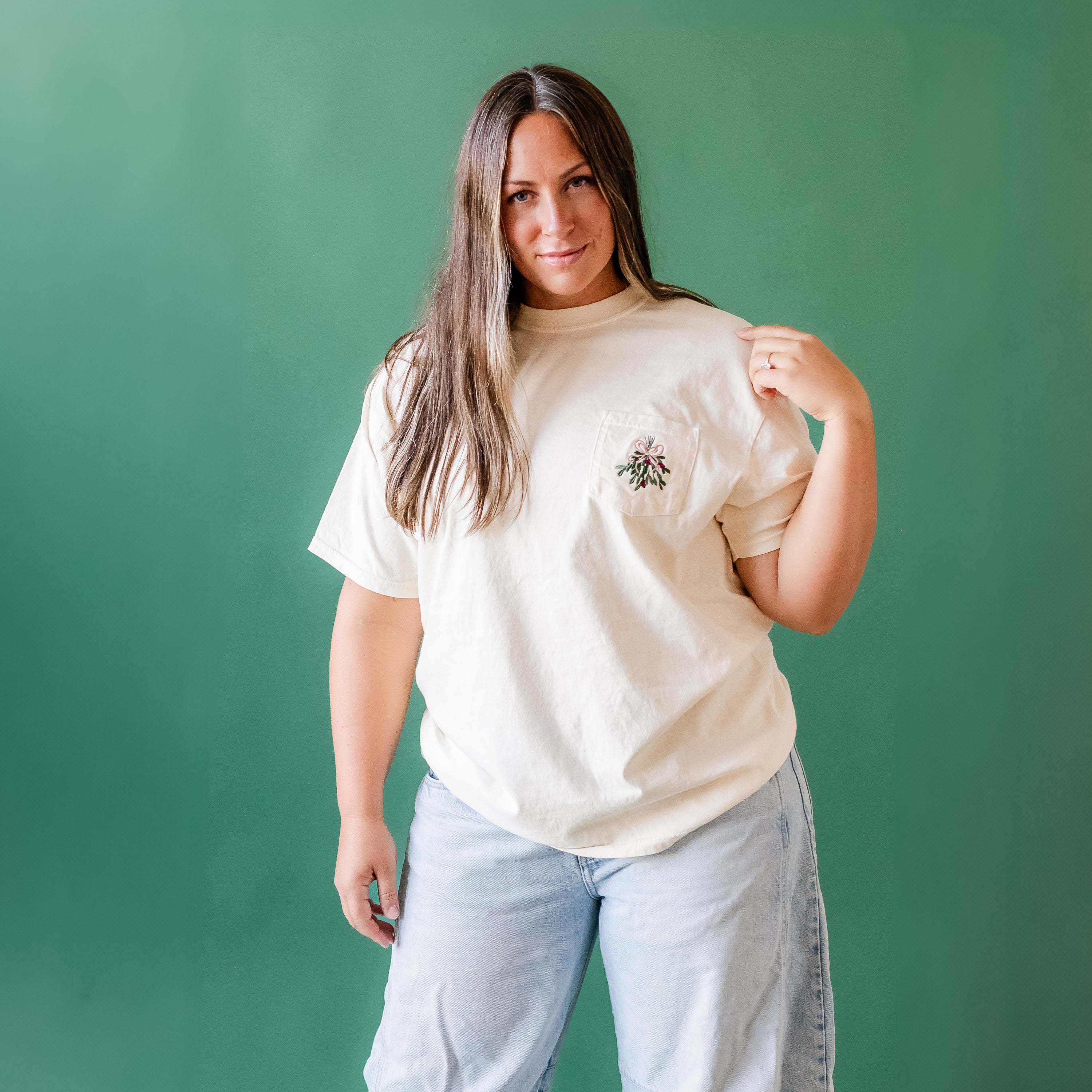 Mistletoe - Ivory - Embroidered Comfort Colors Pocket Tee