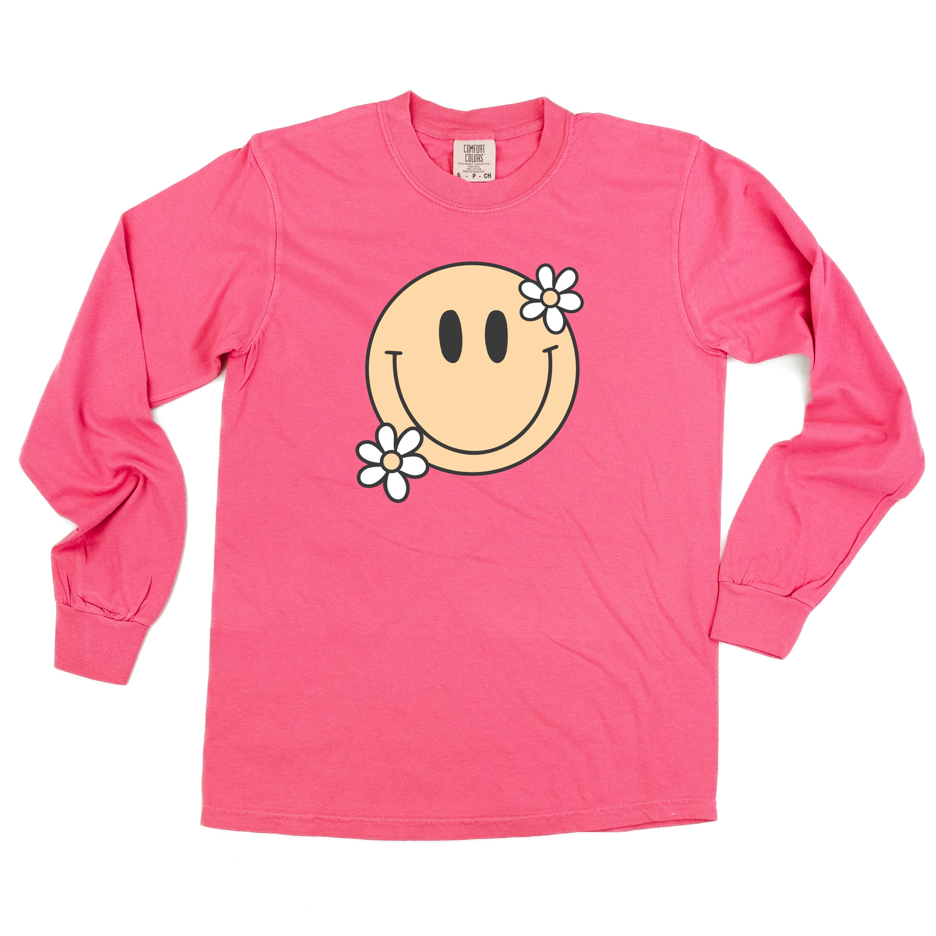Big Smiley w/ Flowers - Long Sleeve Comfort Colors Tee