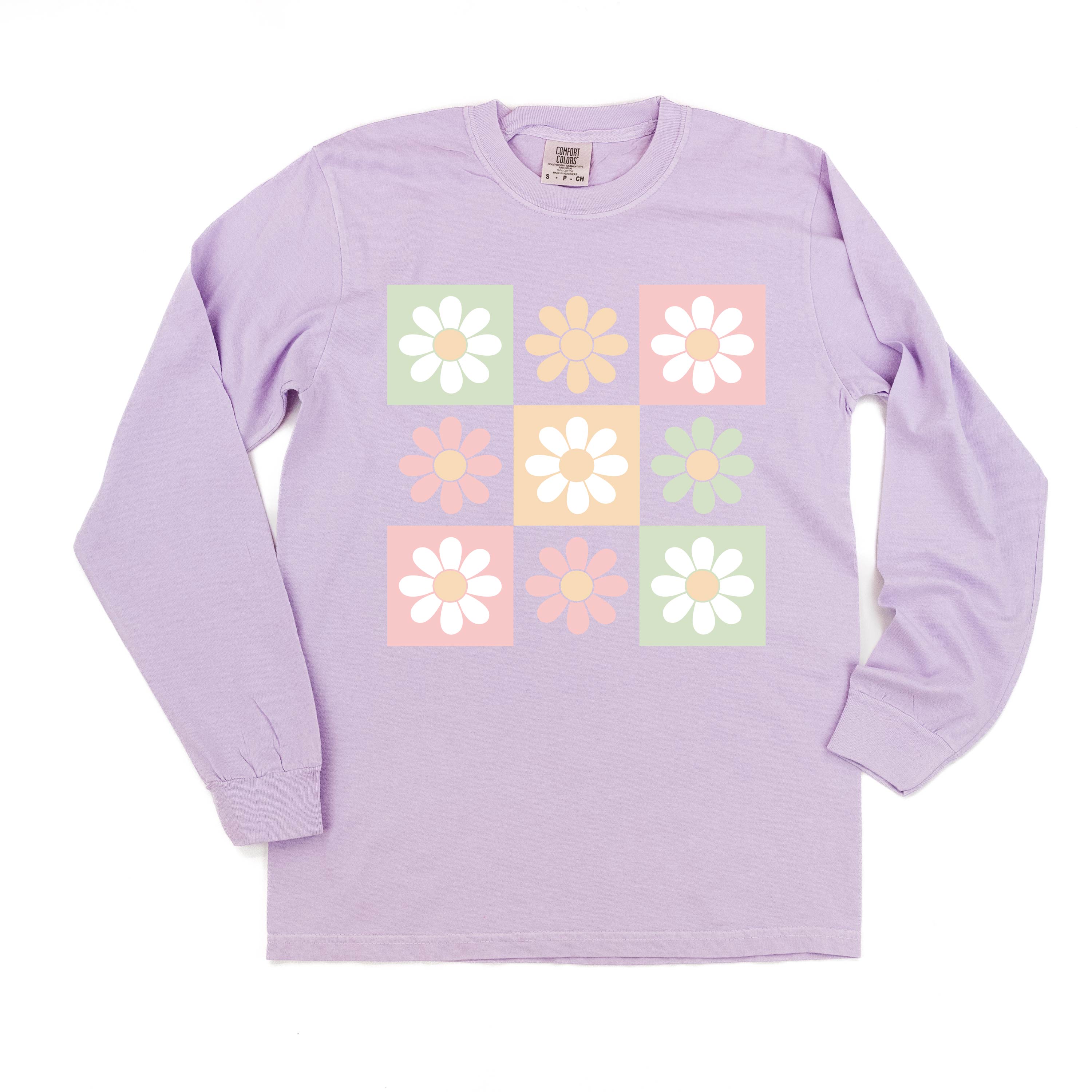 3x3 Checker Board Flowers - Long Sleeve Comfort Colors Tee