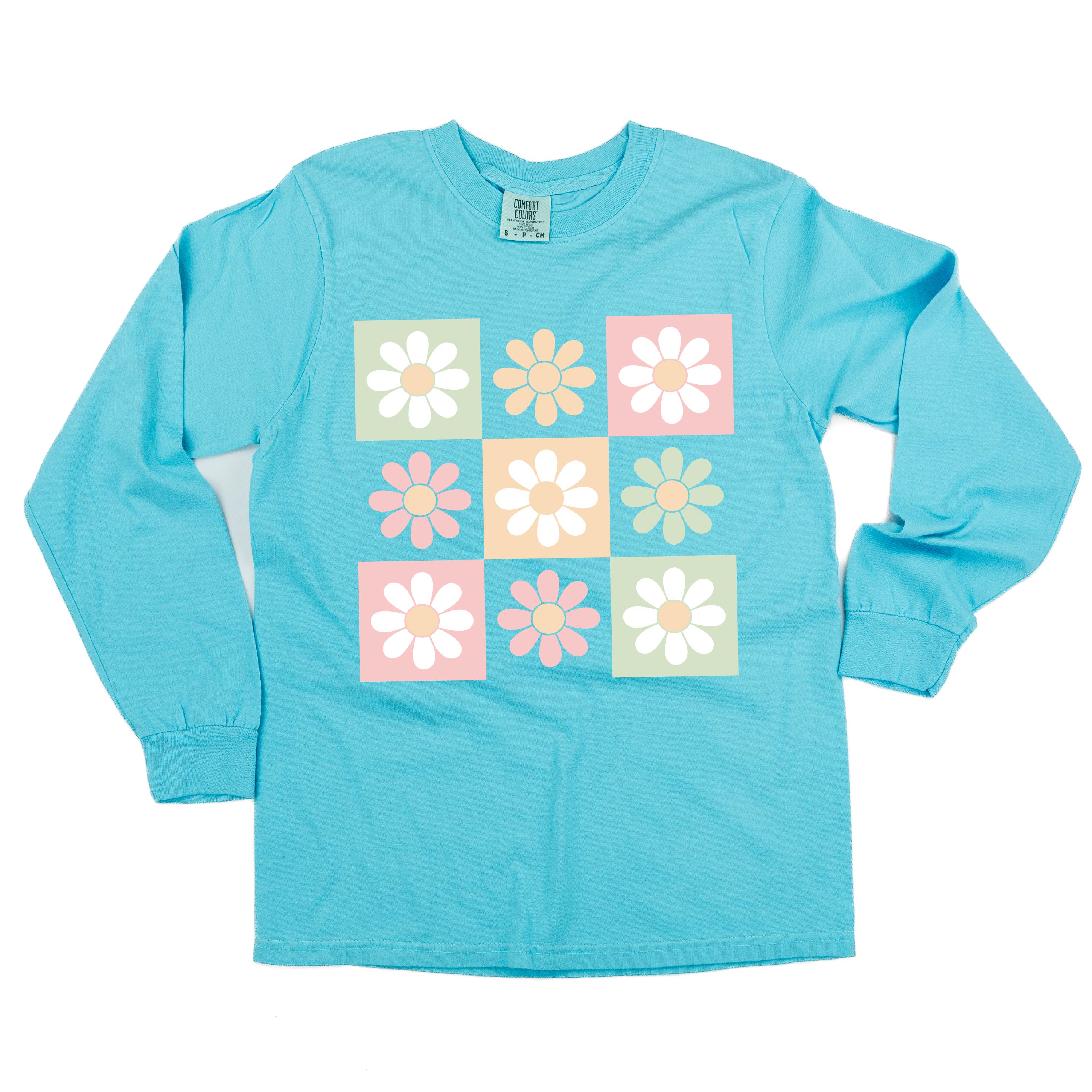 3x3 Checker Board Flowers - Long Sleeve Comfort Colors Tee