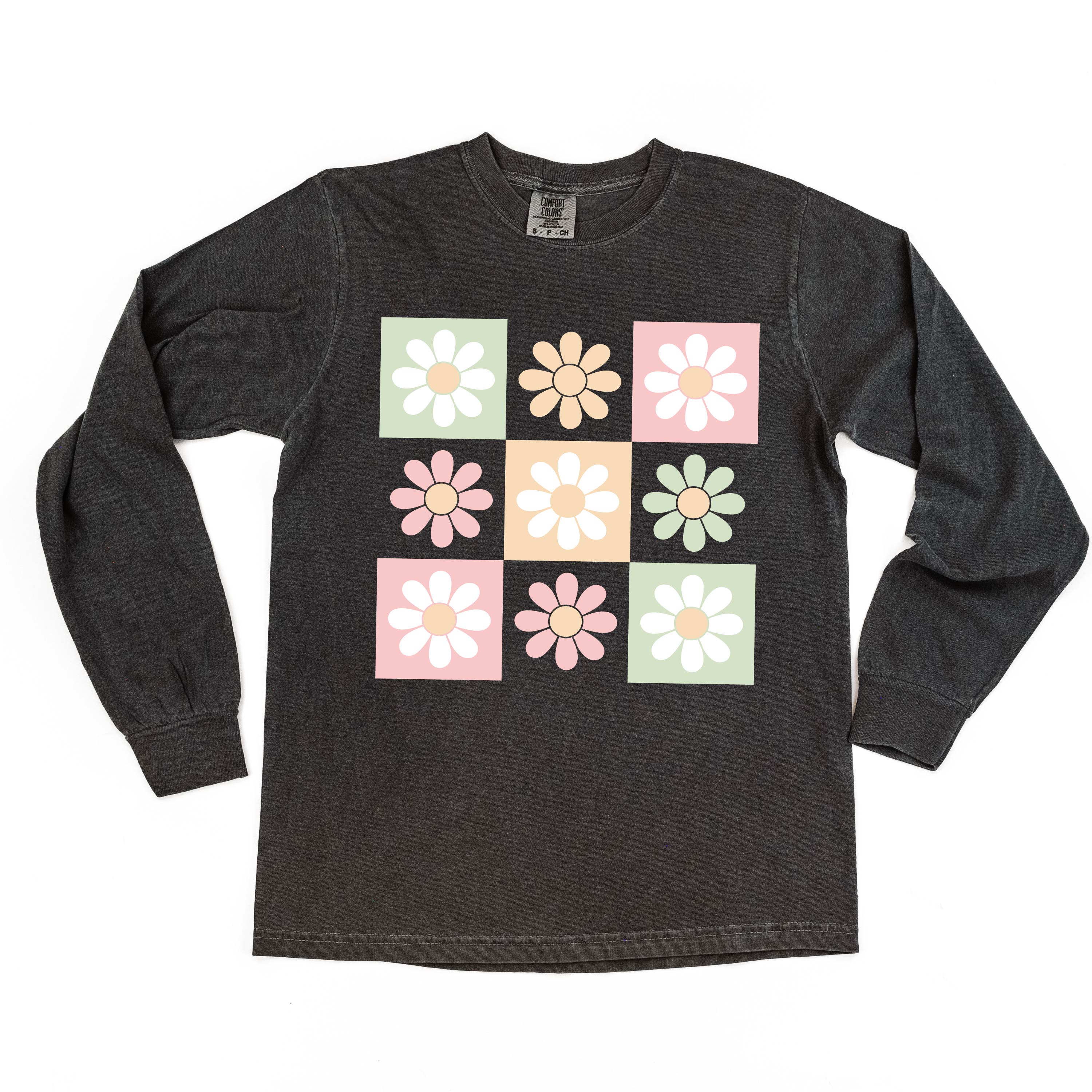 3x3 Checker Board Flowers - Long Sleeve Comfort Colors Tee