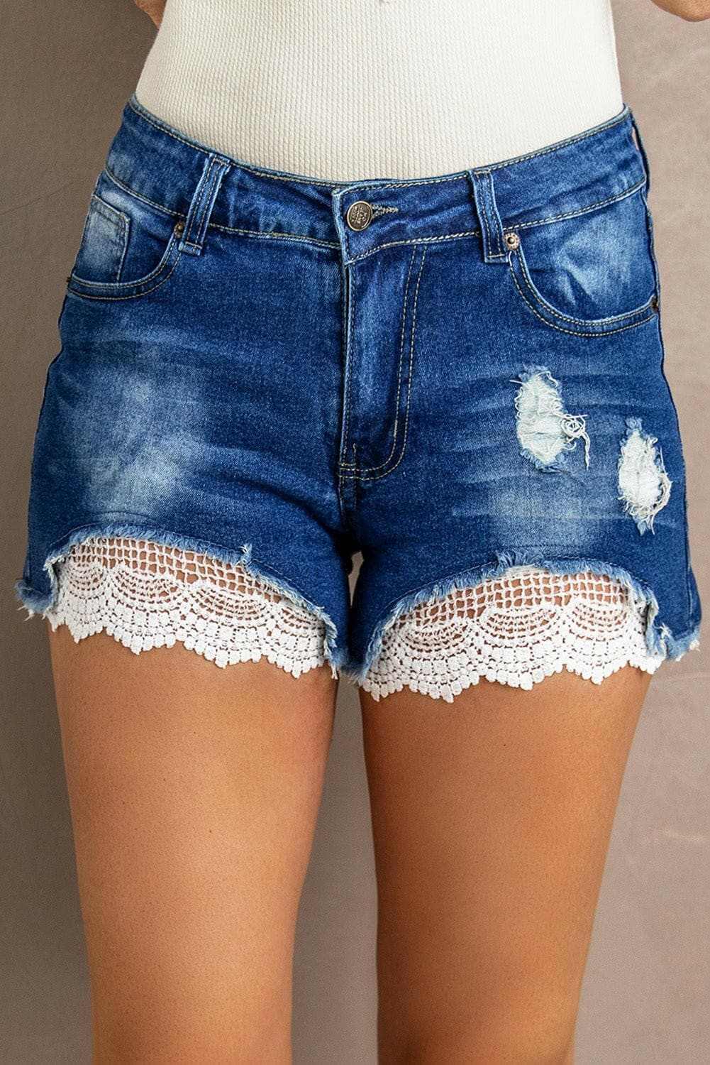 Jeans &amp;amp; Denim Lace accent distressed shorts