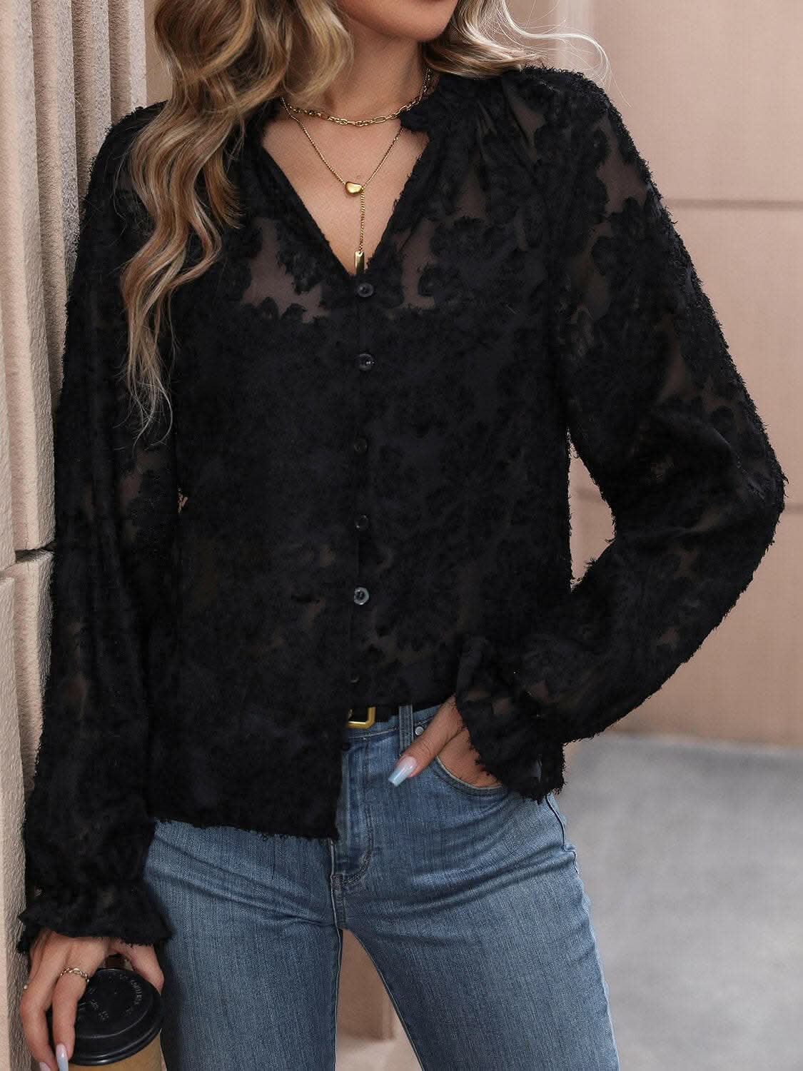 Lace button-up long sleeve blouse