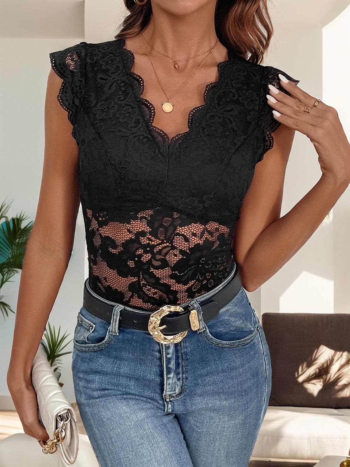 Lace v-neck bodysuit with sheer details