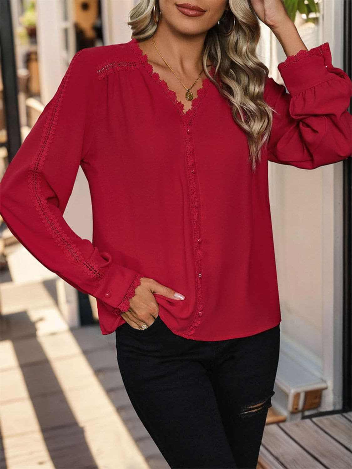 Shirts - Lace v-neck long sleeve top - Premium Quality