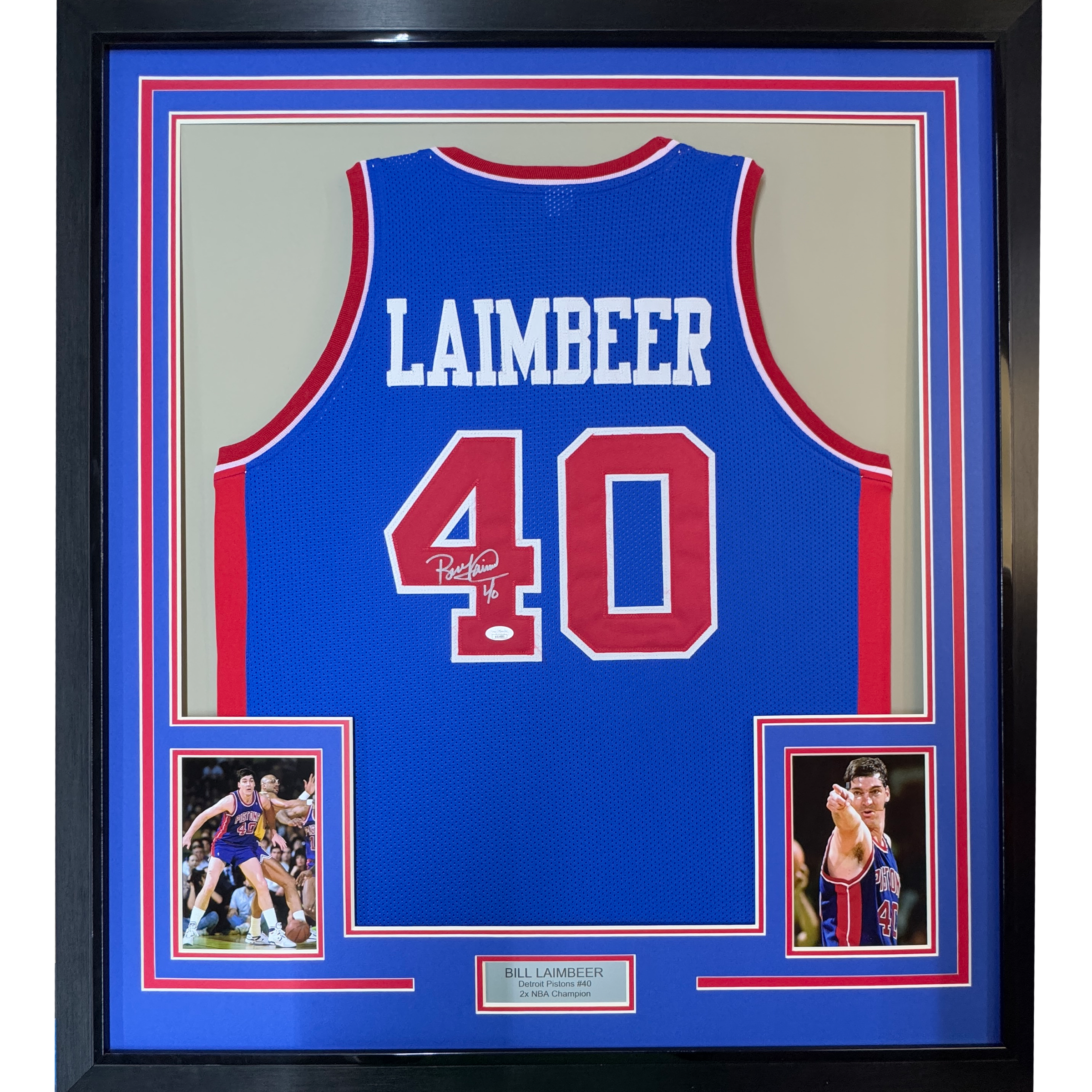Framed Autographed/Signed Bill Laimbeer 35x39 Detroit Blue Basketball Jersey JSA COA